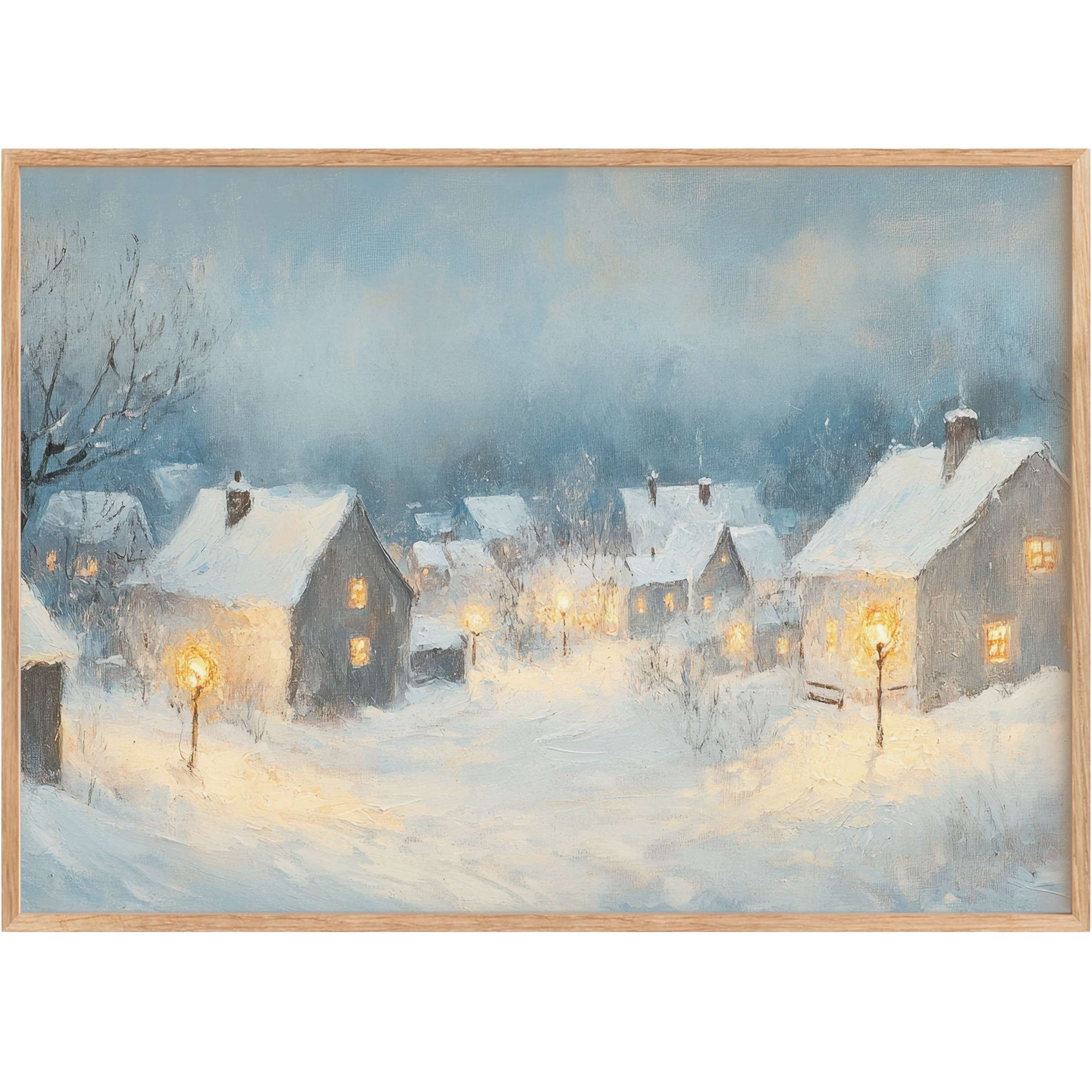 Winter printable wall art capturing a serene village dusk, with soft blues and warm amber lights evoking cozy tranquility
