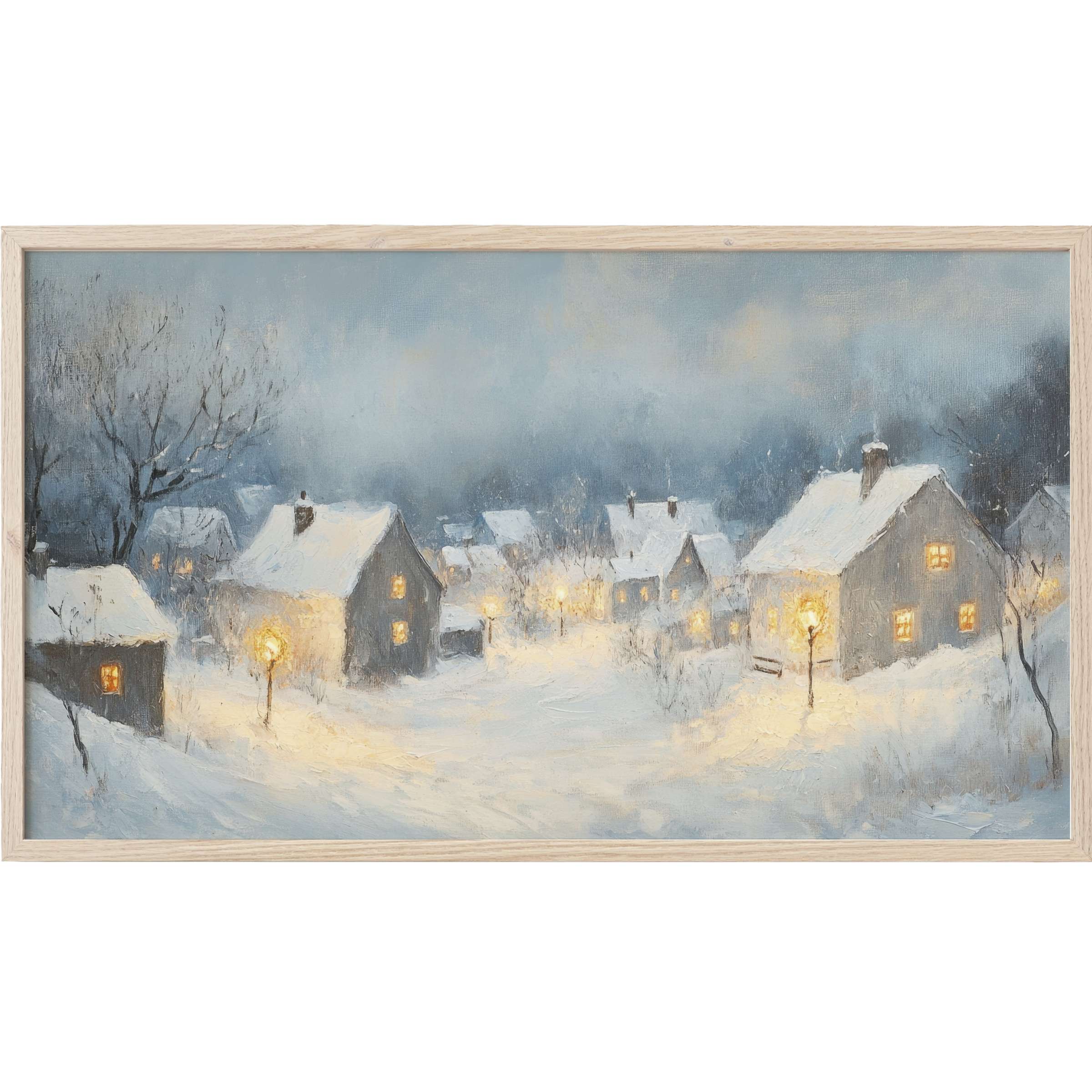 Winter Frame TV Art depicting a serene snowy village at dusk with soft blues and warm glowing lights