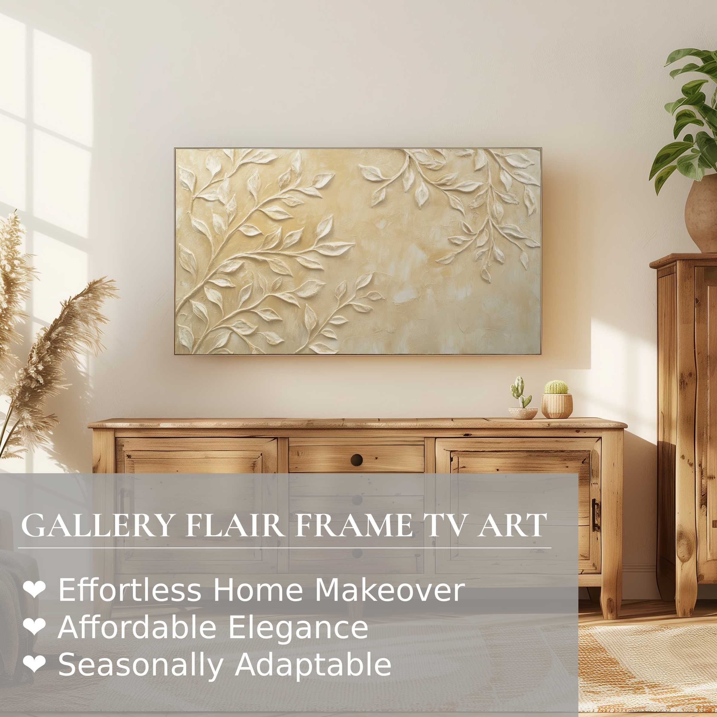 Samsung Frame TV displays boho digital artwork with textured leaves, enhancing a warm, elegant natural wood setting