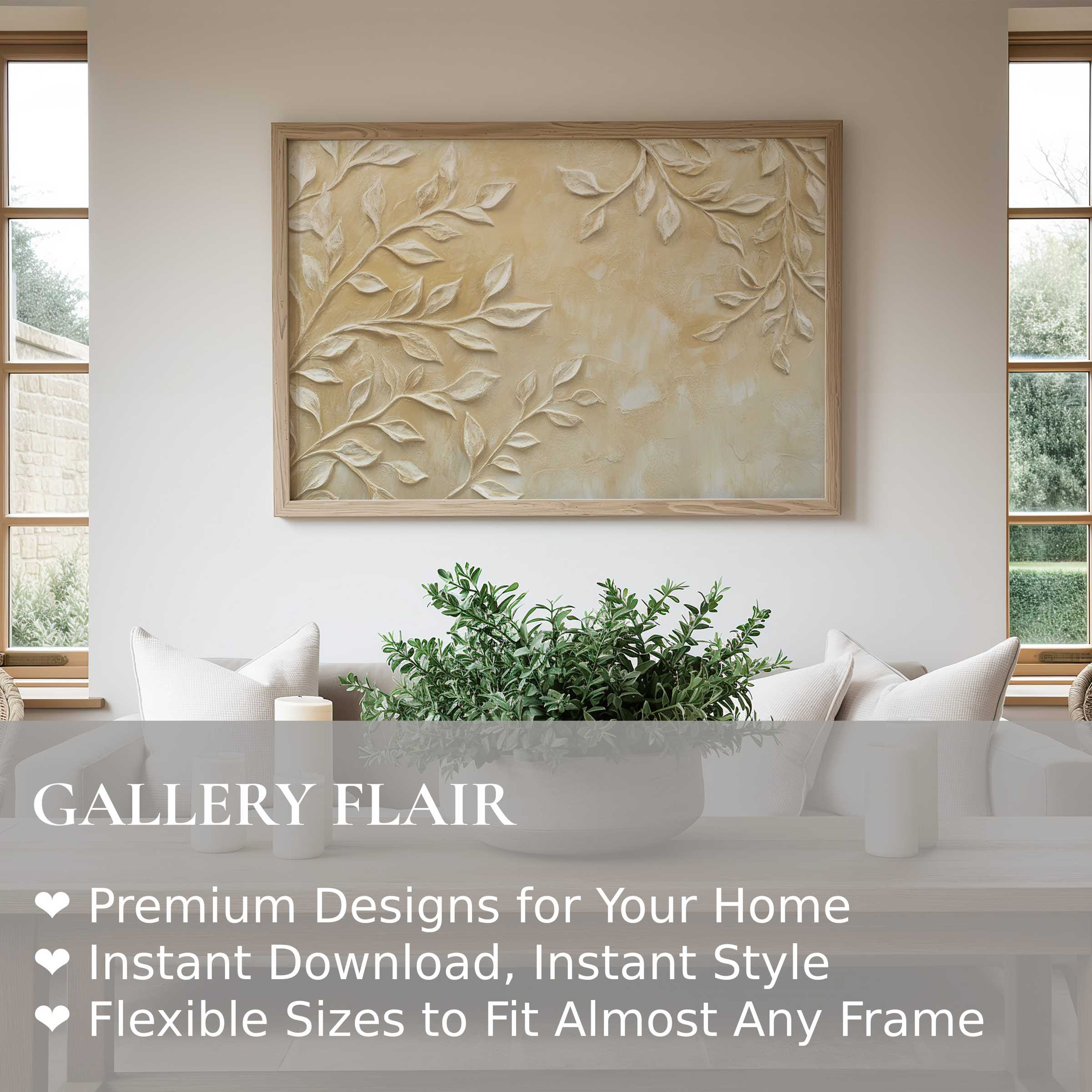Serene boho wall art print with embossed botanical textures in soft beige hues, elevating minimalist, modern farmhouse interiors with organic warmth and refined elegance