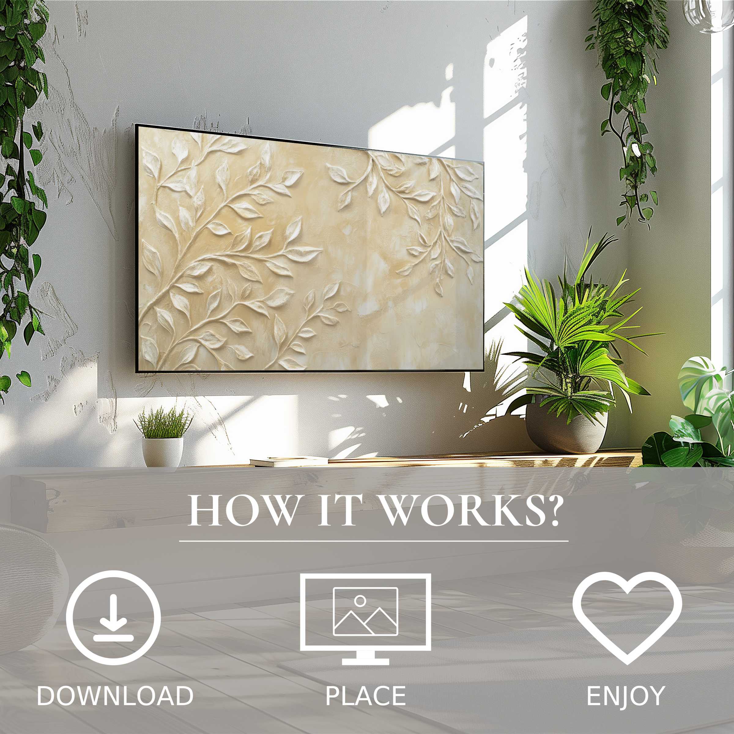 Boho art for Samsung TV in a bright room, featuring soft beige leaves; easy digital download enriches your living space