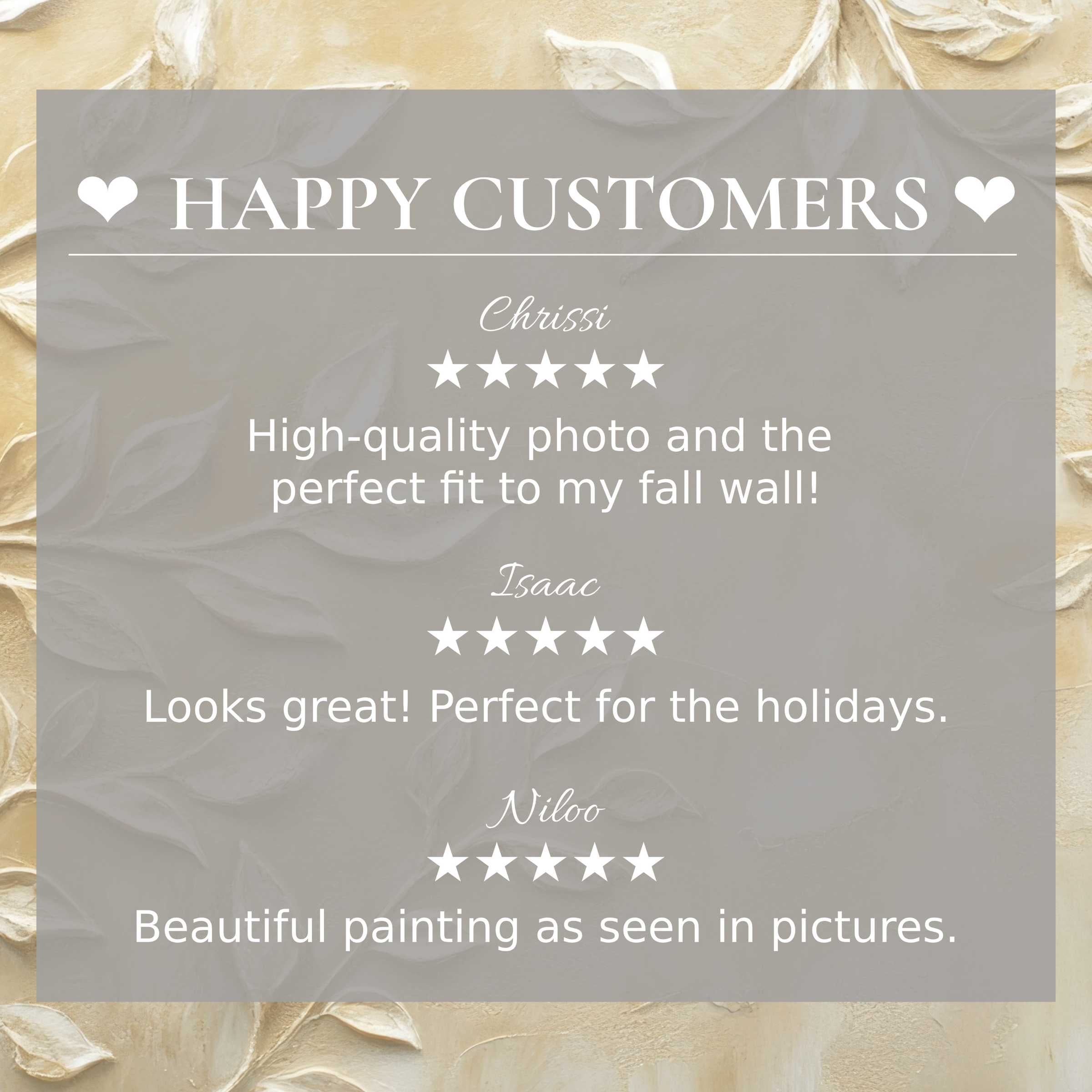 Boho art for Frame TV with abstract beige floral background, showcasing happy customer reviews and elegant trust