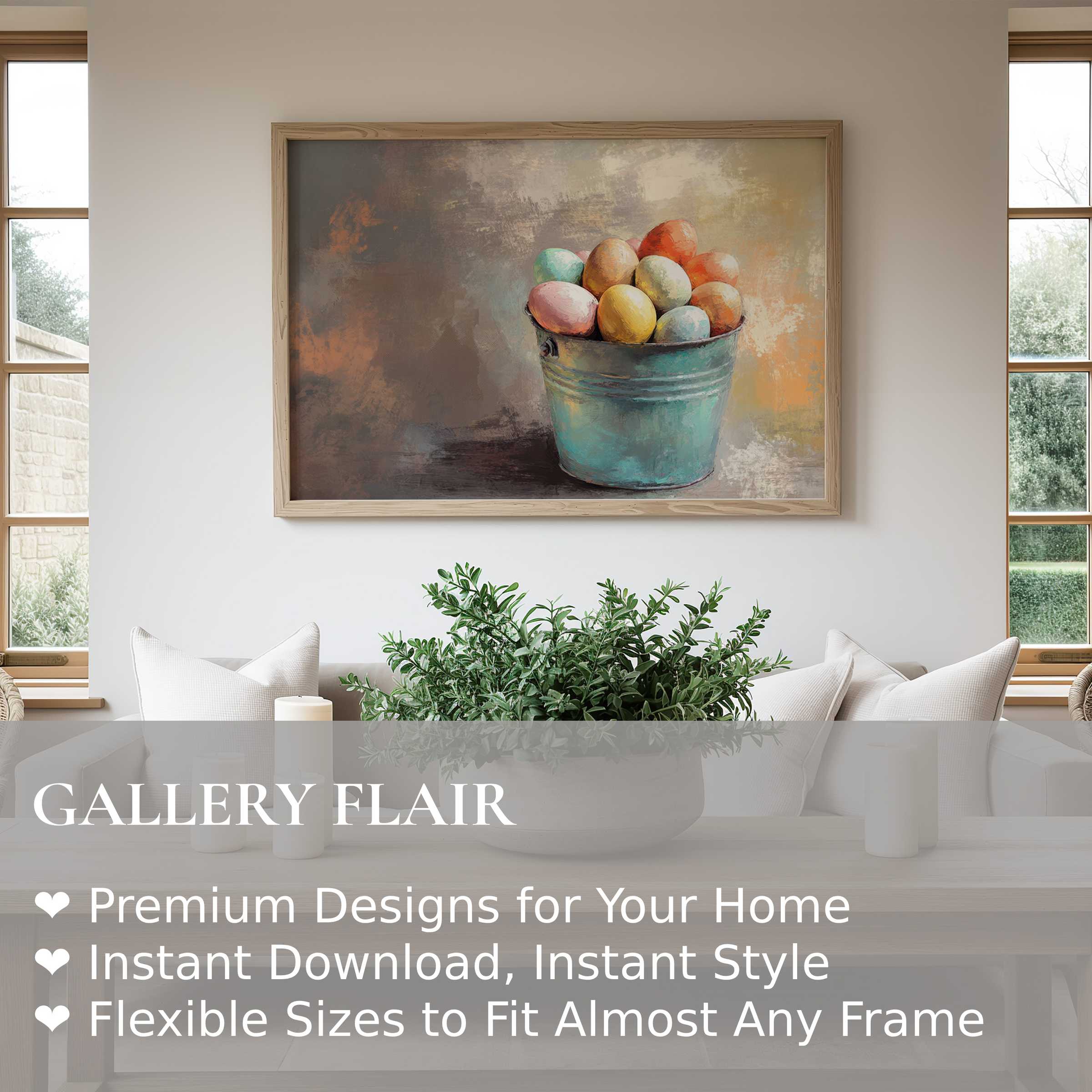 Easter wall art print featuring a rustic bucket of pastel eggs; evokes soft warmth and charm in modern farmhouse interiors