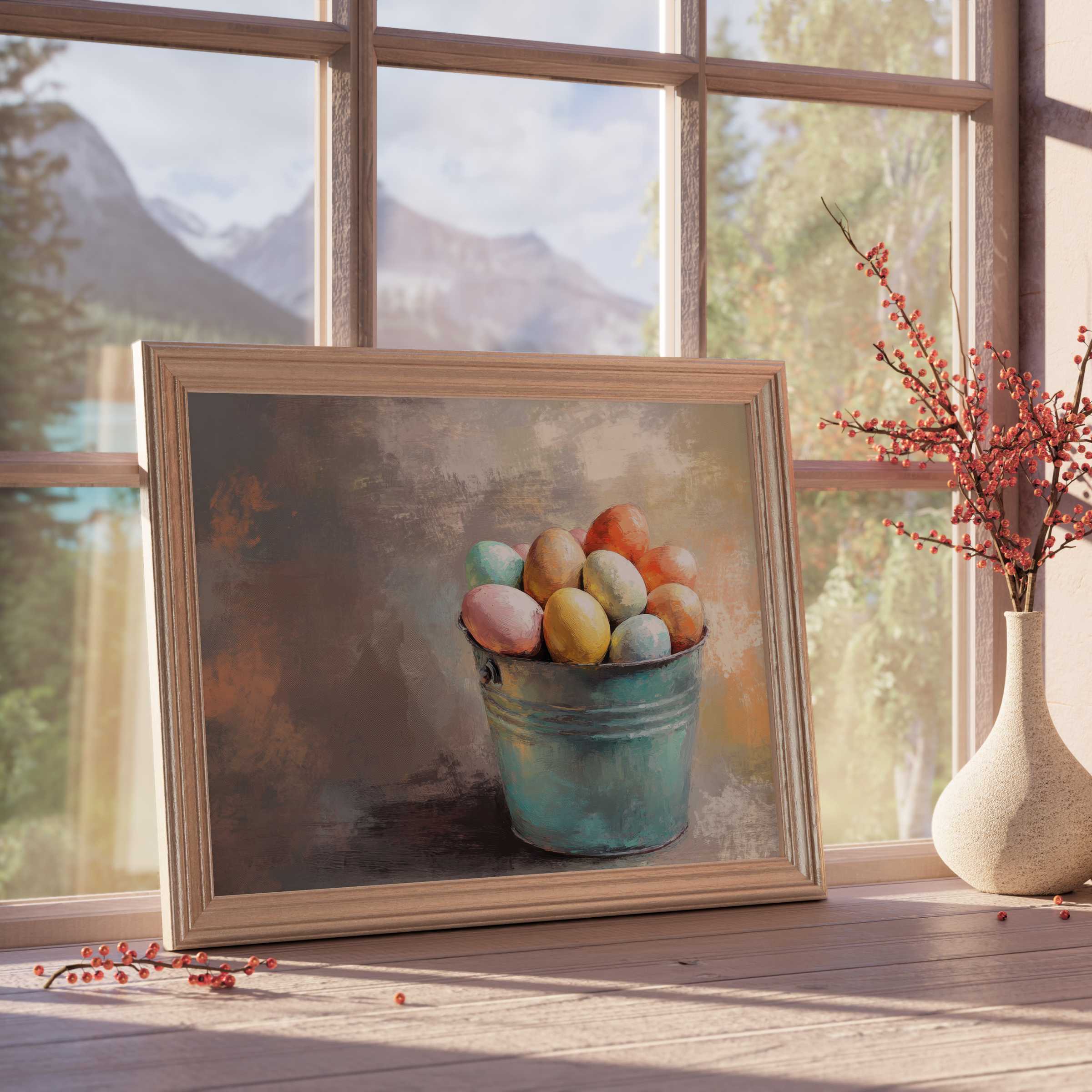 Easter downloadable art featuring pastel eggs in a rustic bucket, bringing warm, tranquil charm to curated, design-forward interiors