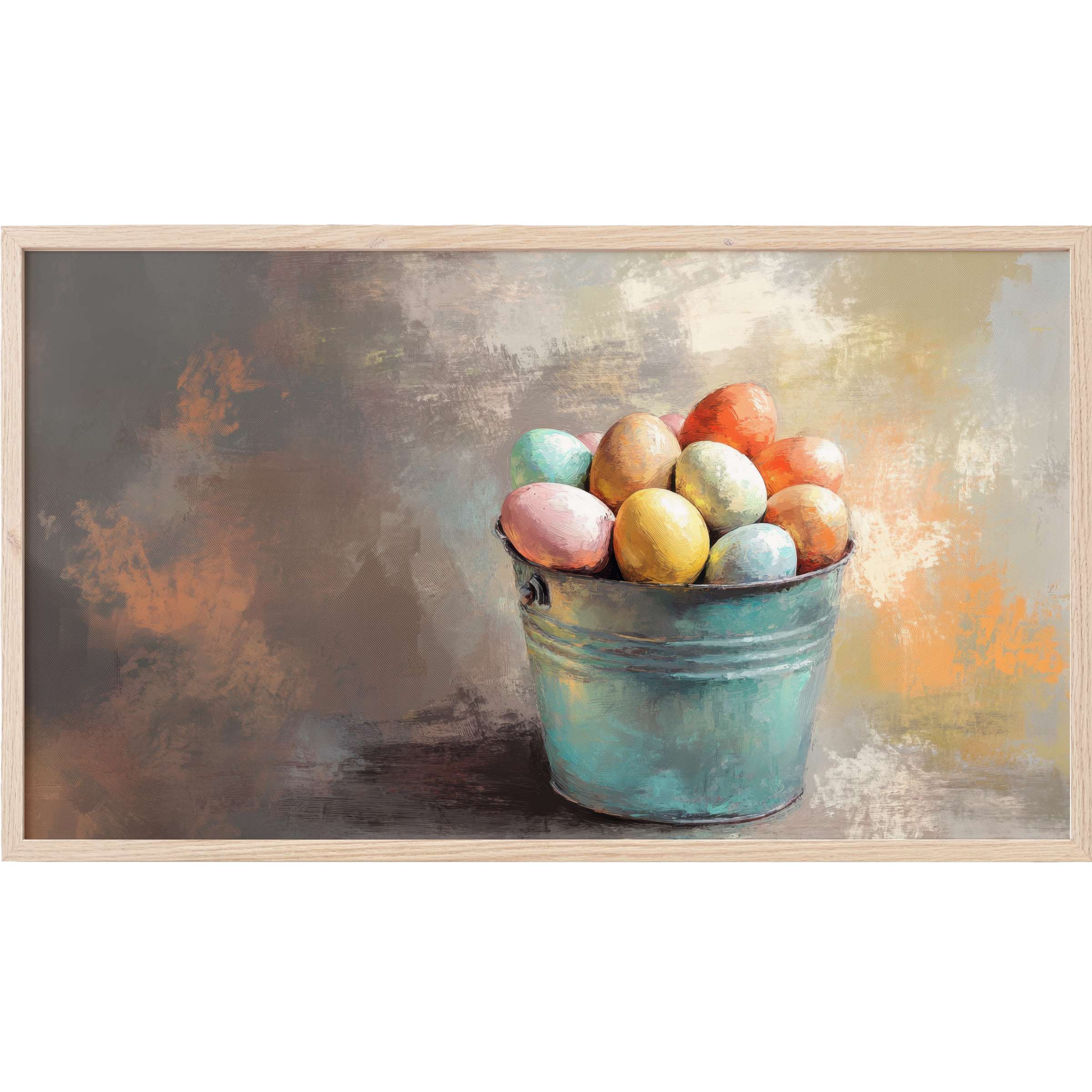 easter Frame TV Art of pastel eggs in a rustic teal bucket with soft textures in muted earth tones