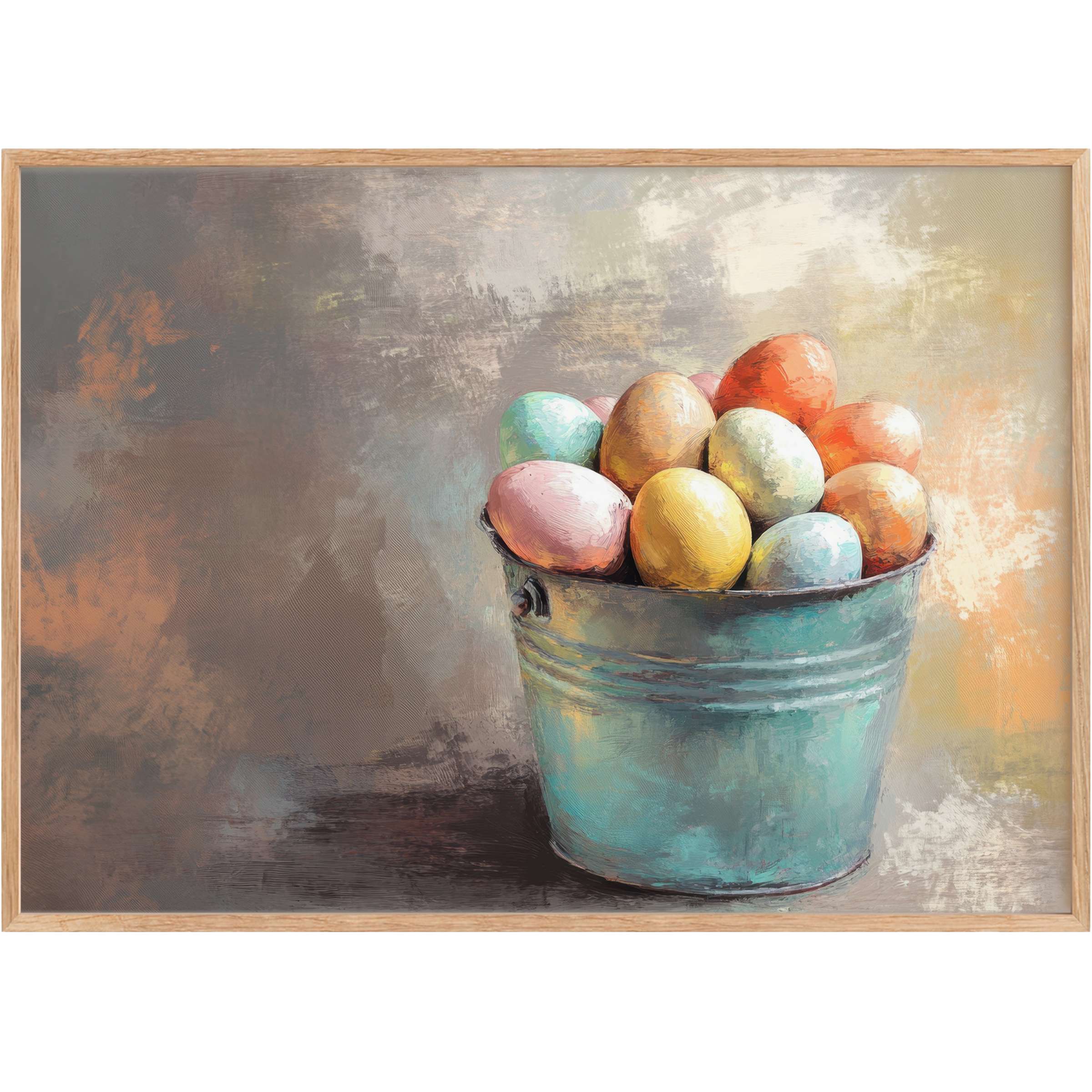 Easter printable wall art featuring pastel eggs in a rustic turquoise bucket, evoking a warm, serene spring ambiance