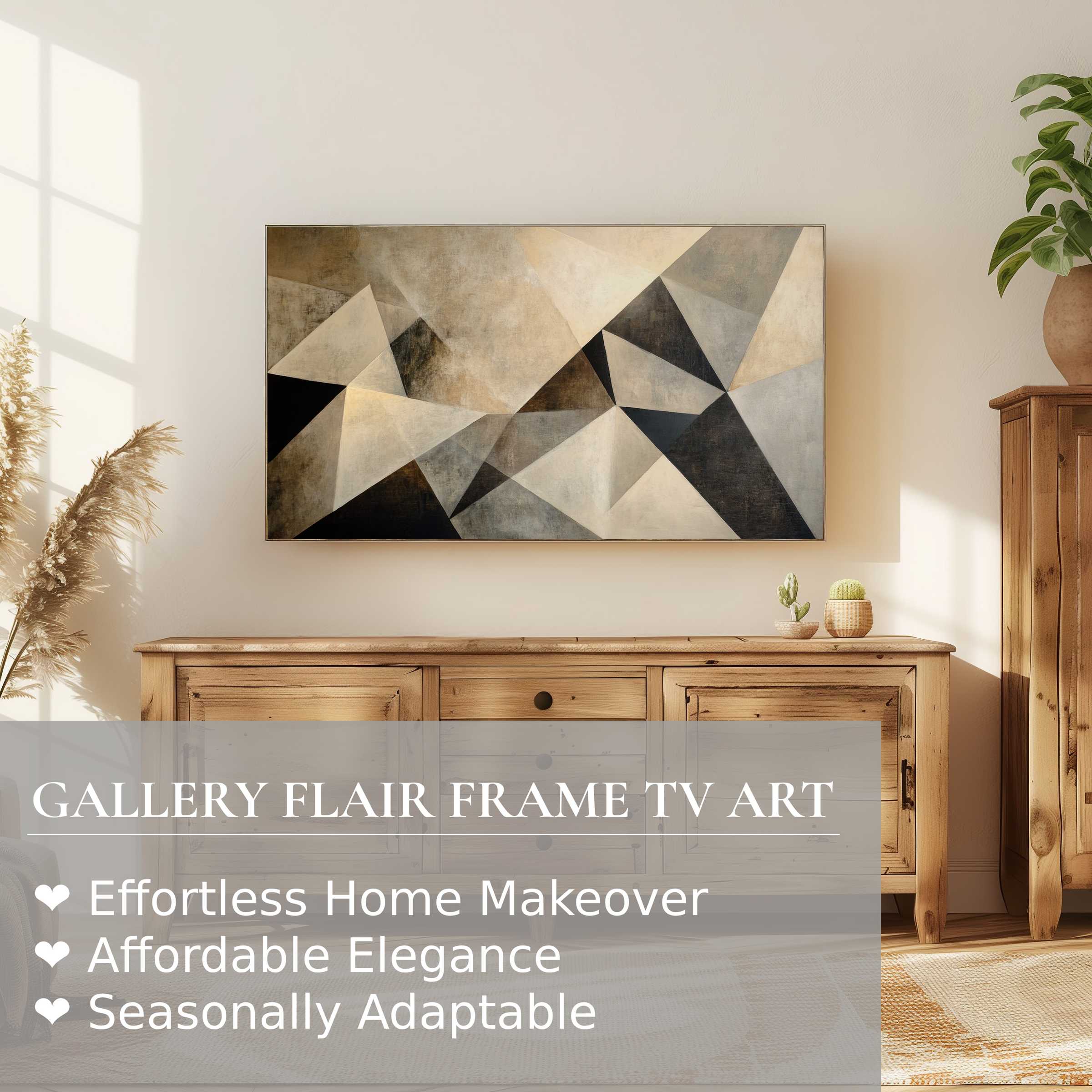 Samsung Frame TV displaying sophisticated abstract digital artwork in a stylish, sunlit modern living room setting