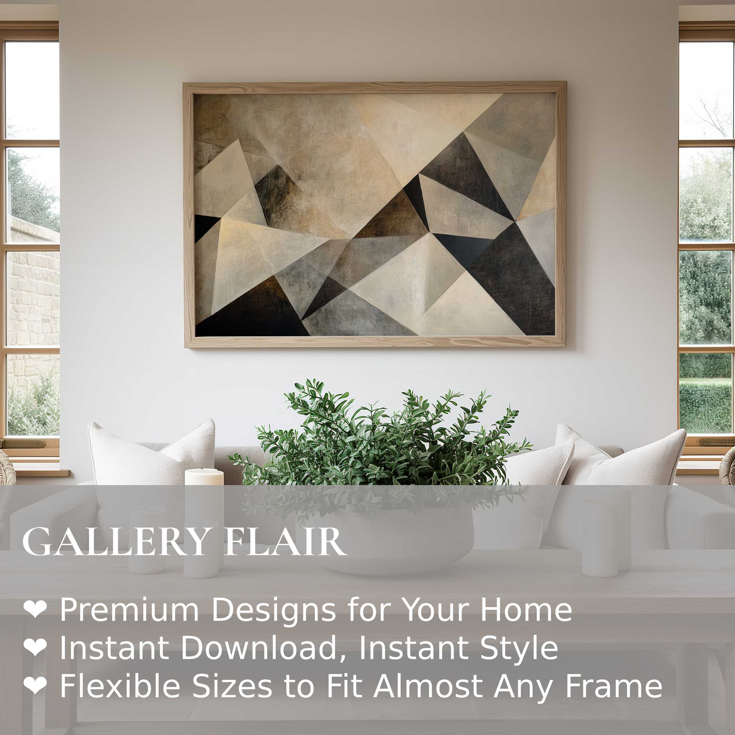 Abstract wall art print with muted earth tones and geometric shapes, enhancing modern minimalist interiors with serene, sophisticated warmth