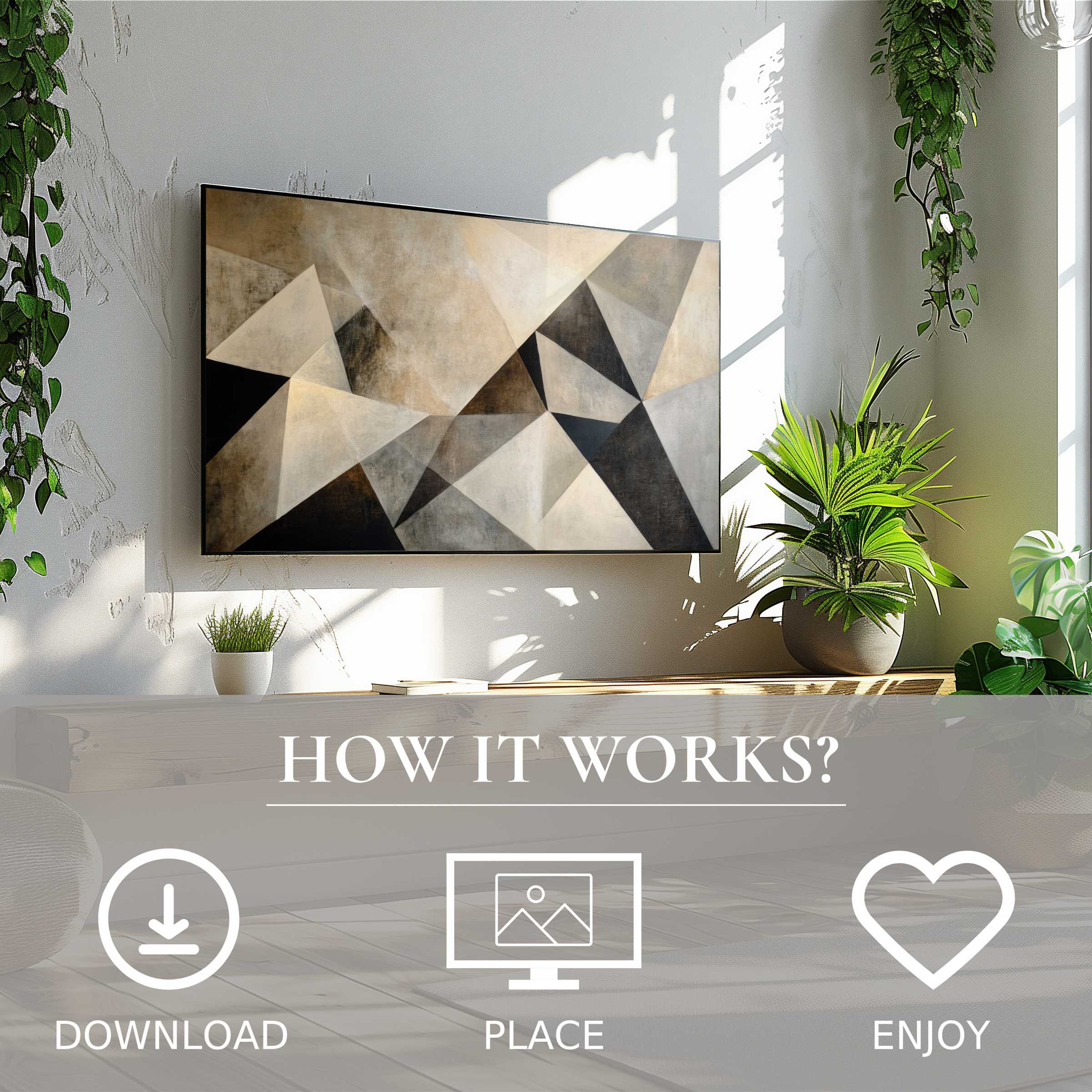 Abstract art for Samsung TV in neutral geometric tones; easy digital download enriches modern, plant-filled living spaces