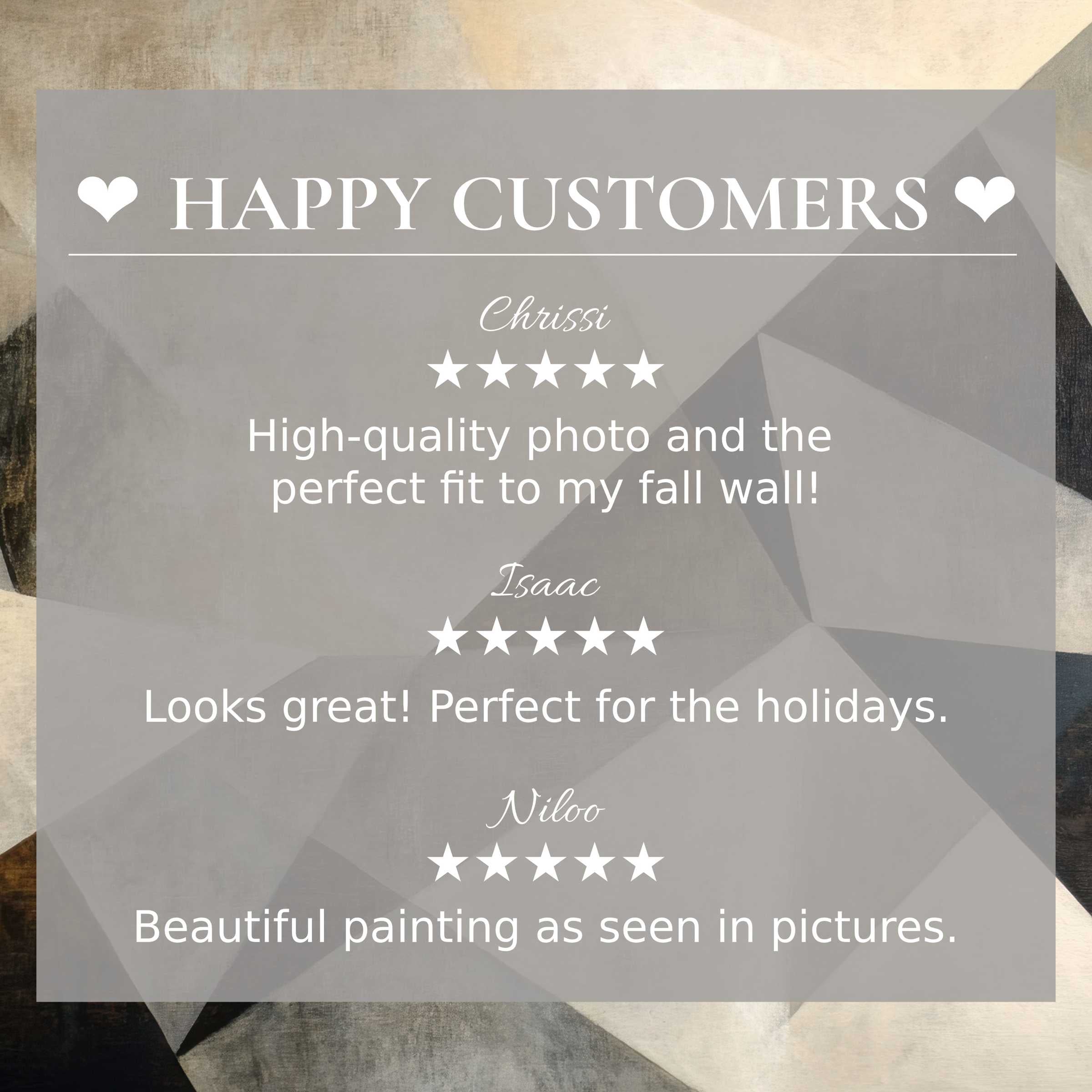 Abstract art for Frame TV with muted earth tones; layout showcases happy customer reviews and elegant trust