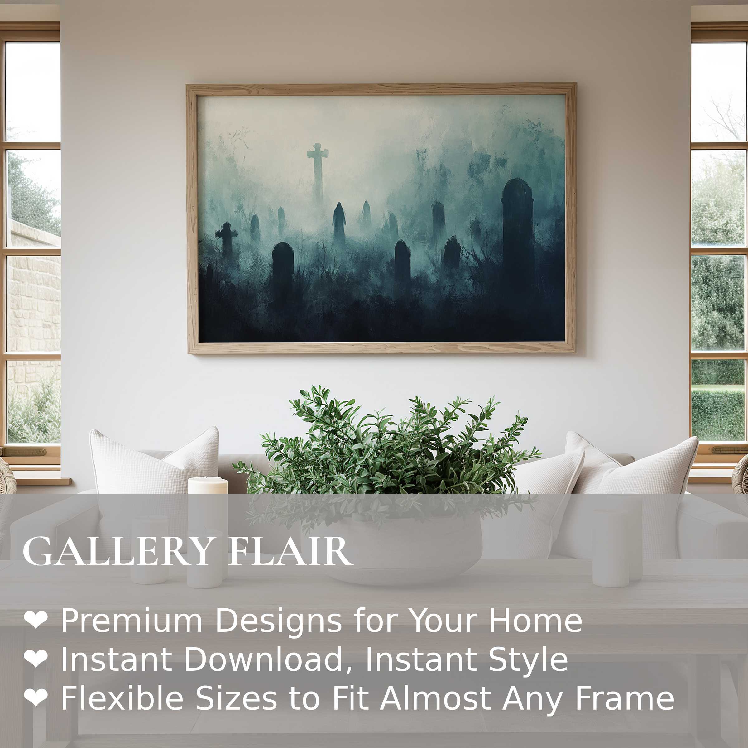 Hauntingly atmospheric halloween wall art print with misty gravestones, perfect for elevating modern minimalist or contemporary interiors