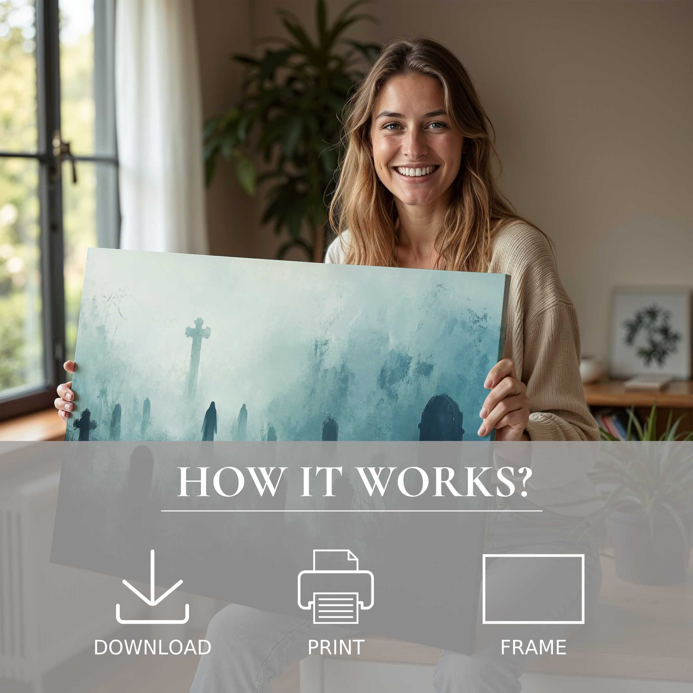 A serene moment captures the joy of embracing a Halloween digital art print, enhancing a modern home’s refined ambiance