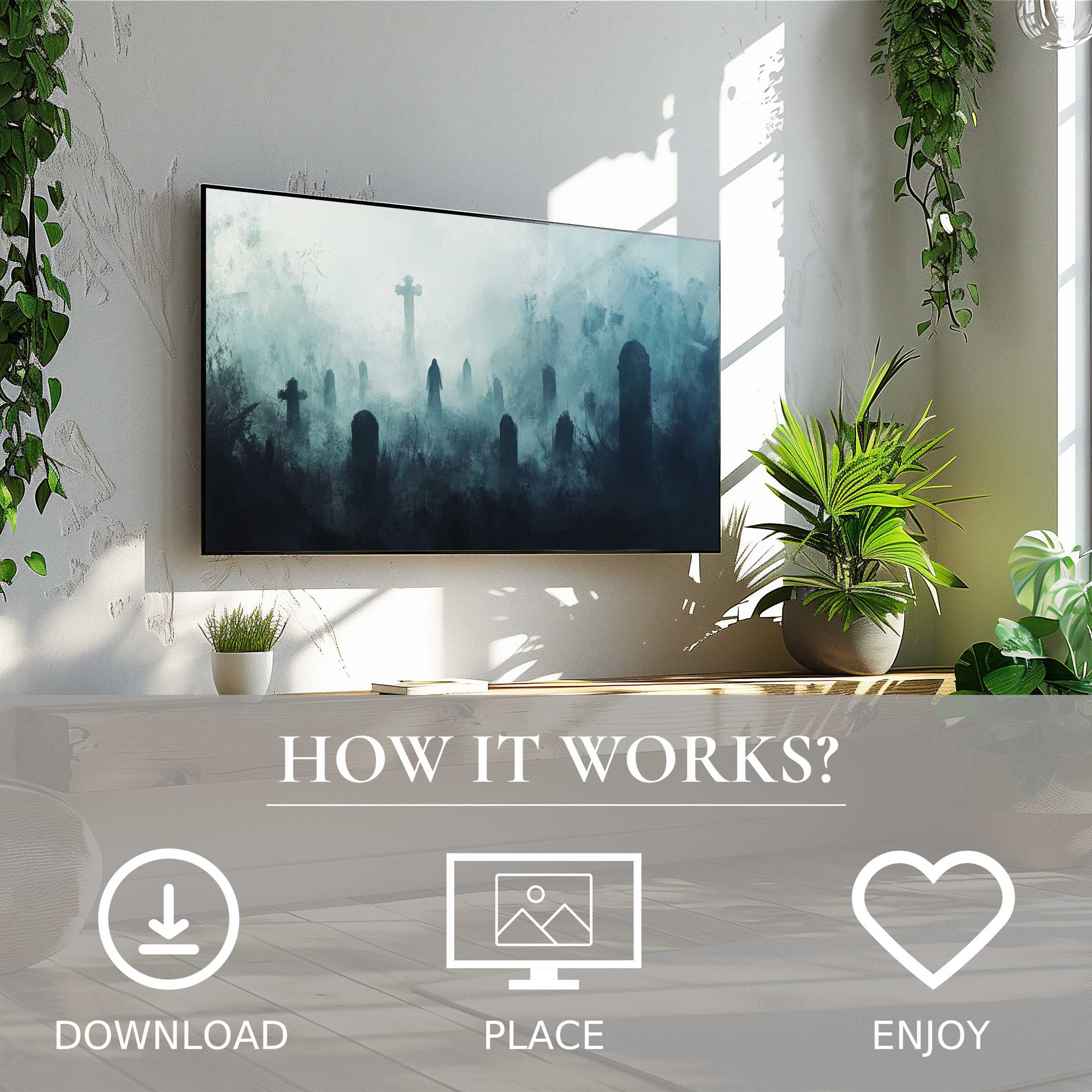 Halloween art for Samsung TV shows misty graveyard in blue hues; easy digital download enriches modern living spaces