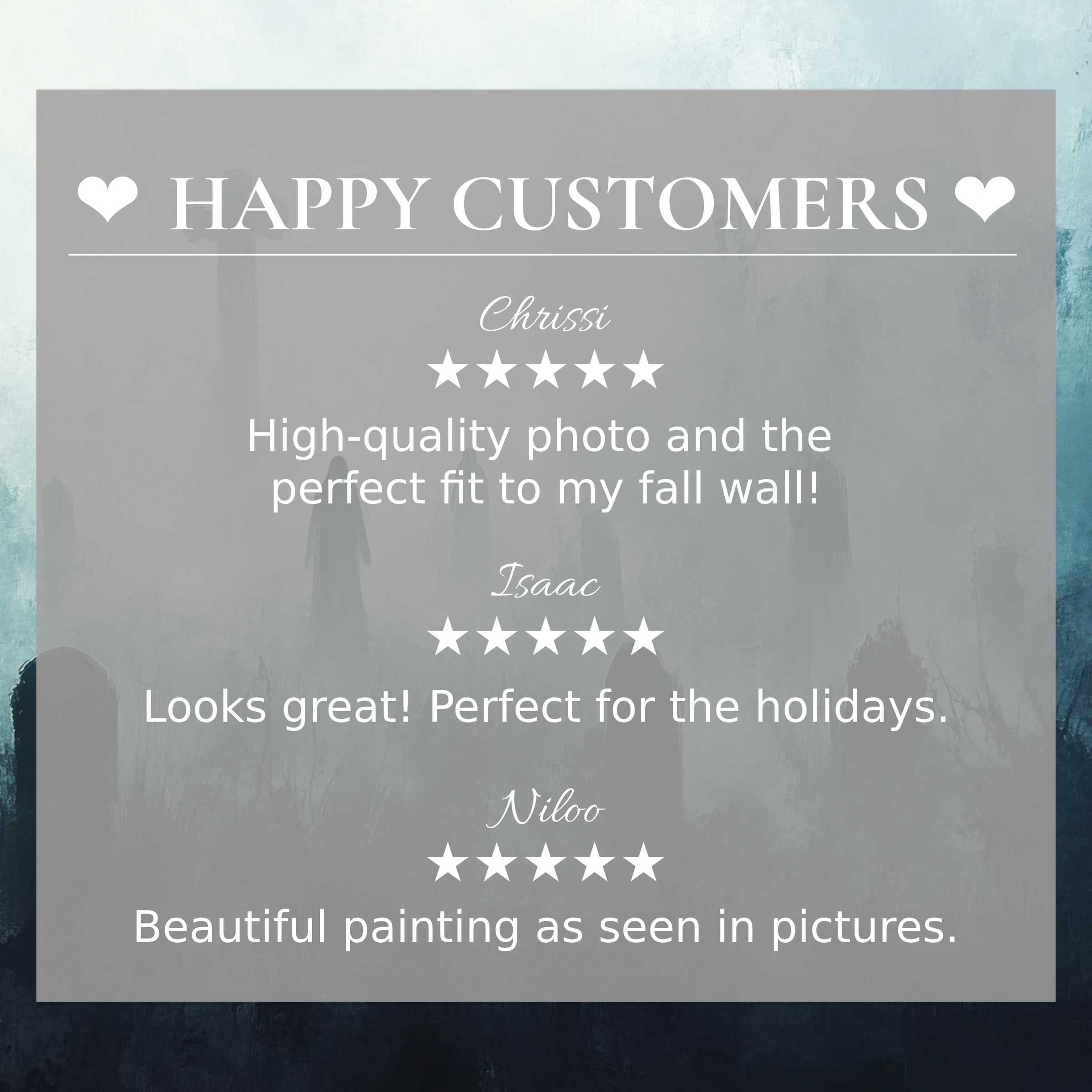 Elegant halloween art for Frame TV with misty graveyard background showcasing happy customer reviews and trust