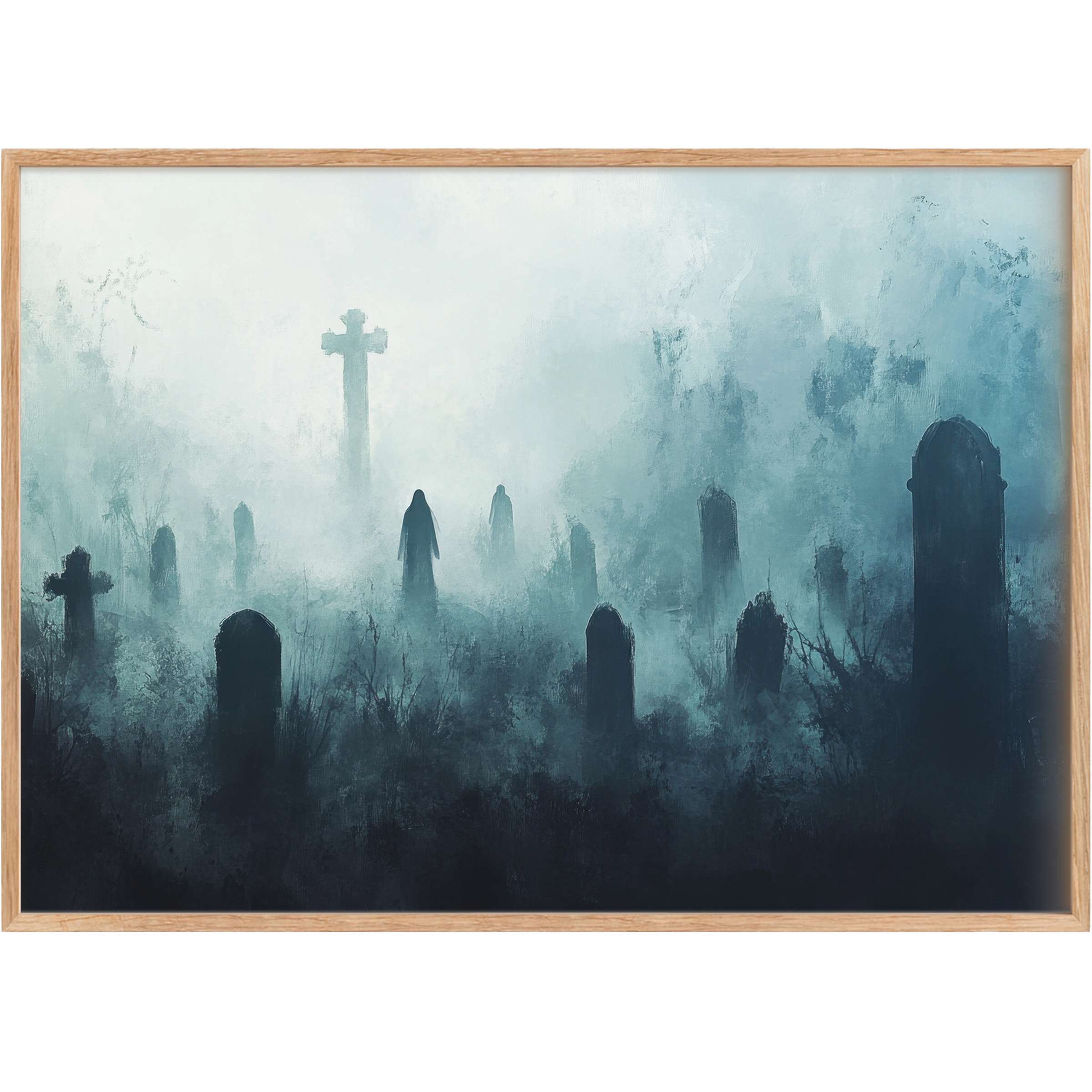 Ethereal Halloween printable wall art in misty blues and shadowed silhouettes, evoking a haunting yet elegant atmosphere