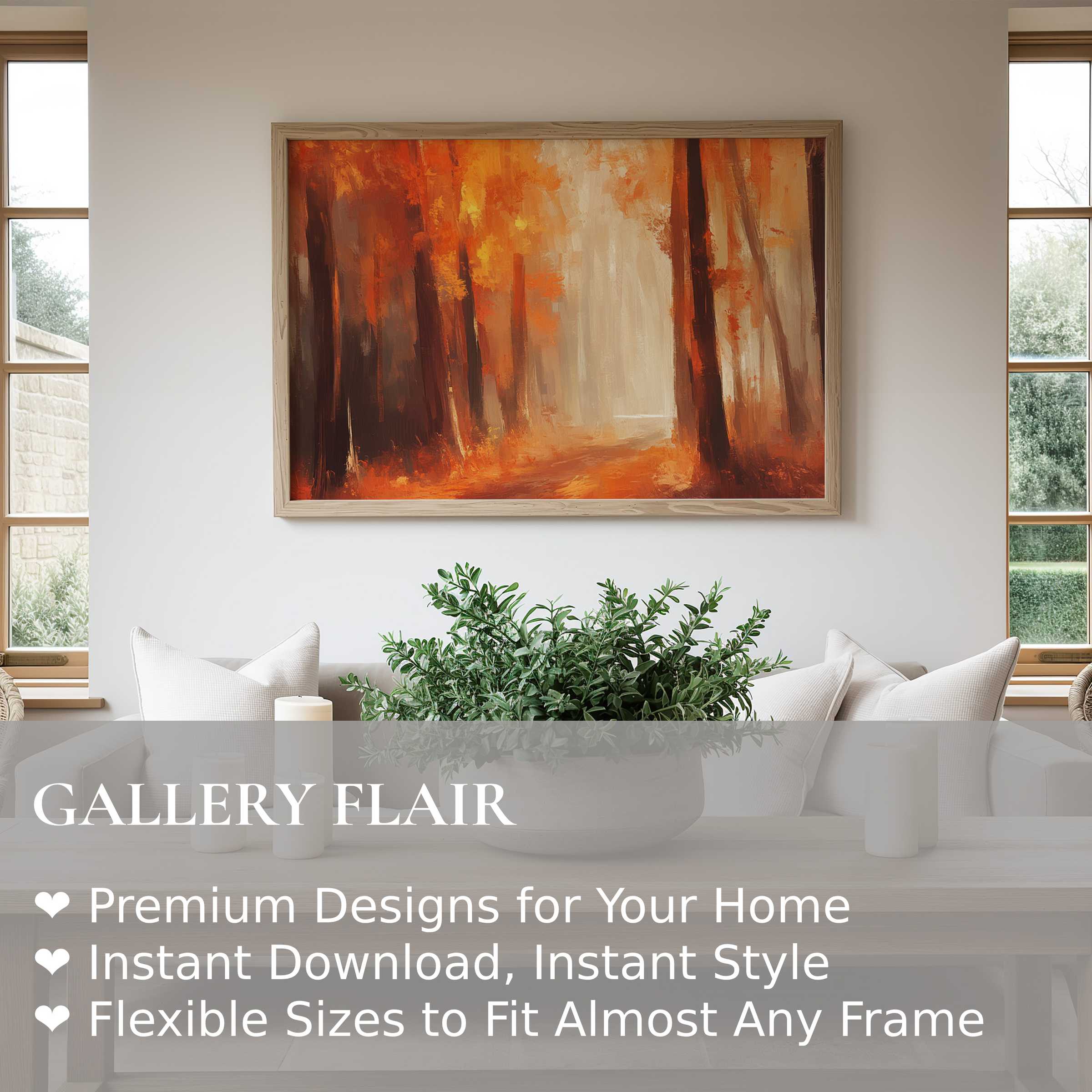 Fall wall art print featuring a radiant autumn forest in warm oranges and browns, enhancing modern minimalist living spaces with cozy elegance and seasonal charm