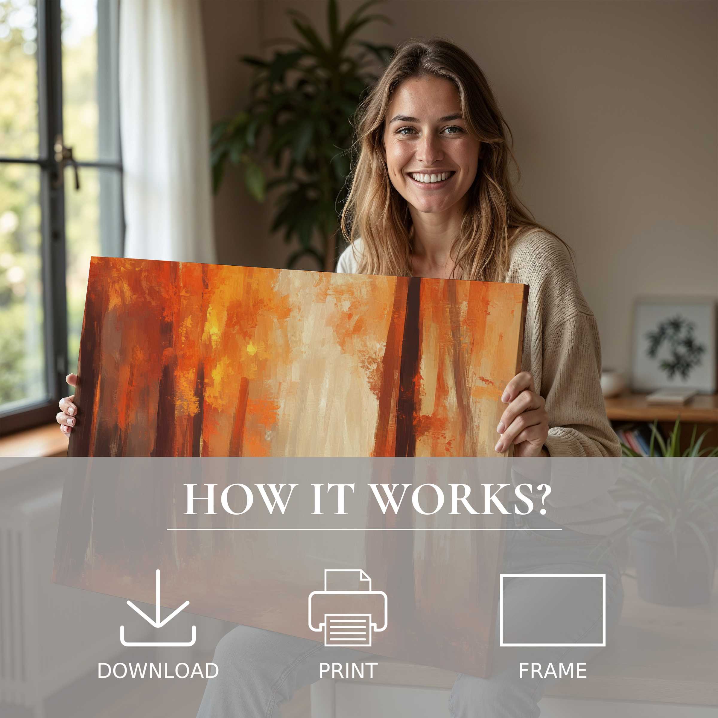 Woman in a sunlit modern home joyfully showcasing a fall digital art print, embodying warmth and effortless style