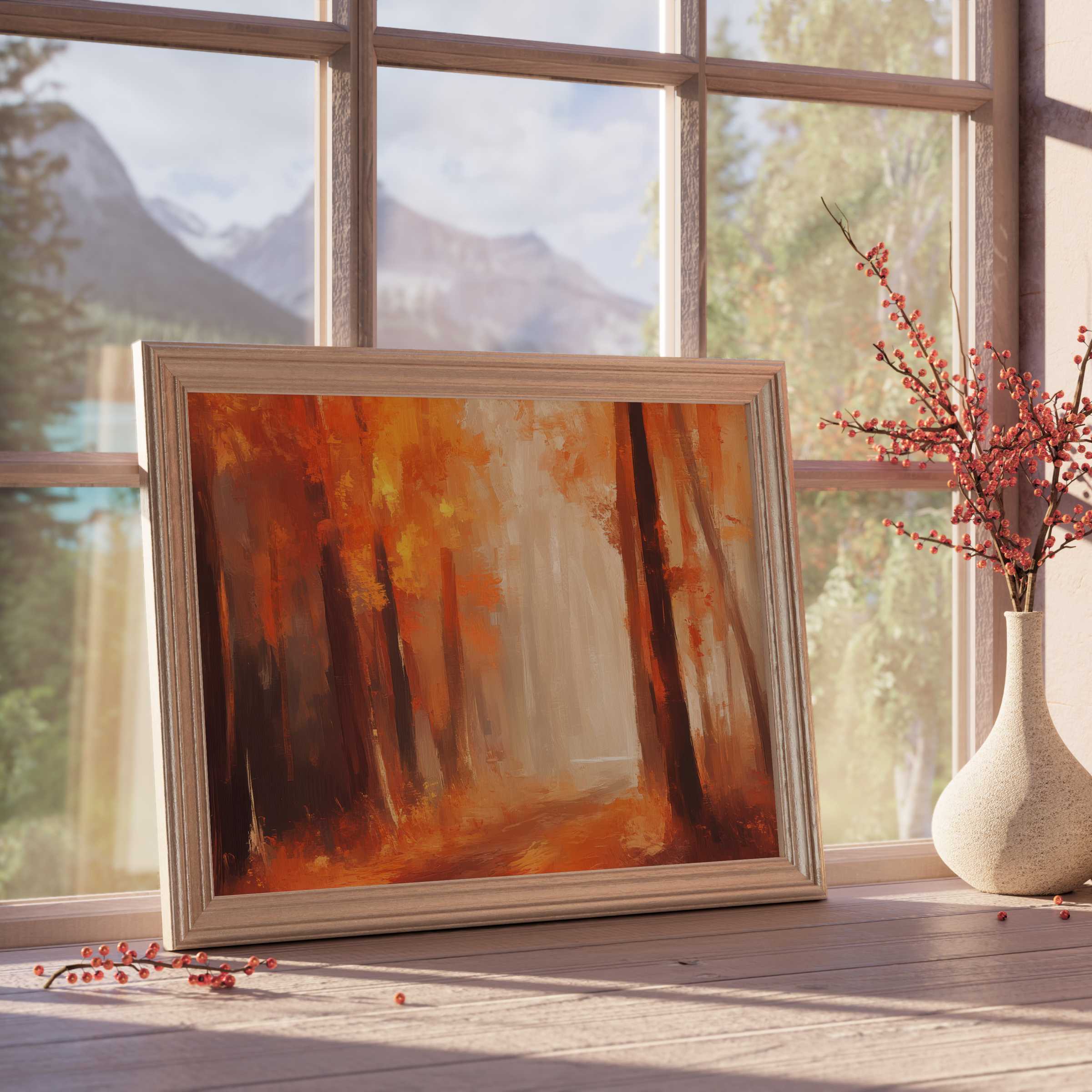 Fall downloadable art capturing a warm autumnal forest glow, enriching tranquil, design-forward interiors with vibrant, curated seasonal charm
