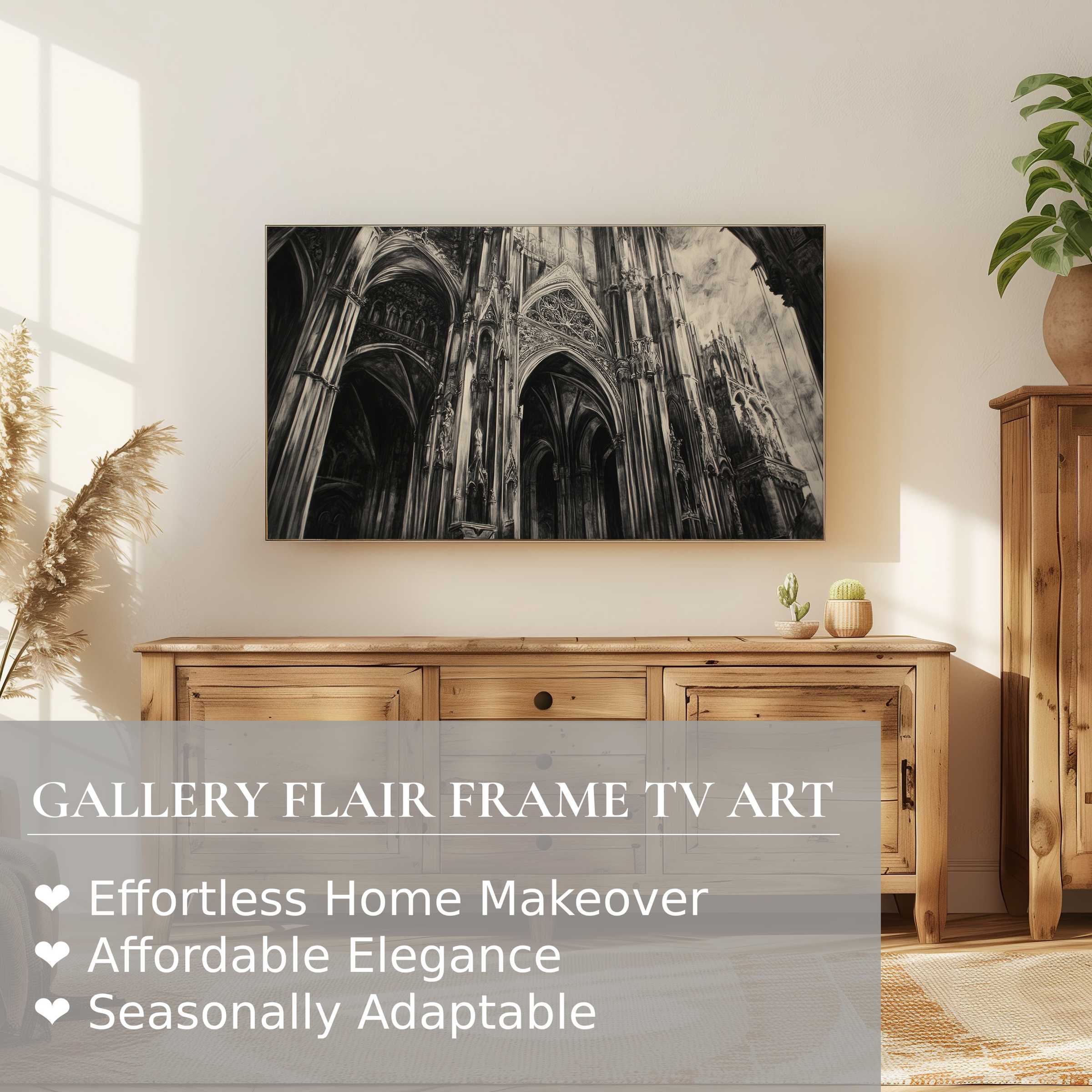 Samsung Frame TV displaying stunning black and white digital artwork of gothic architecture in an elegant, modern setting