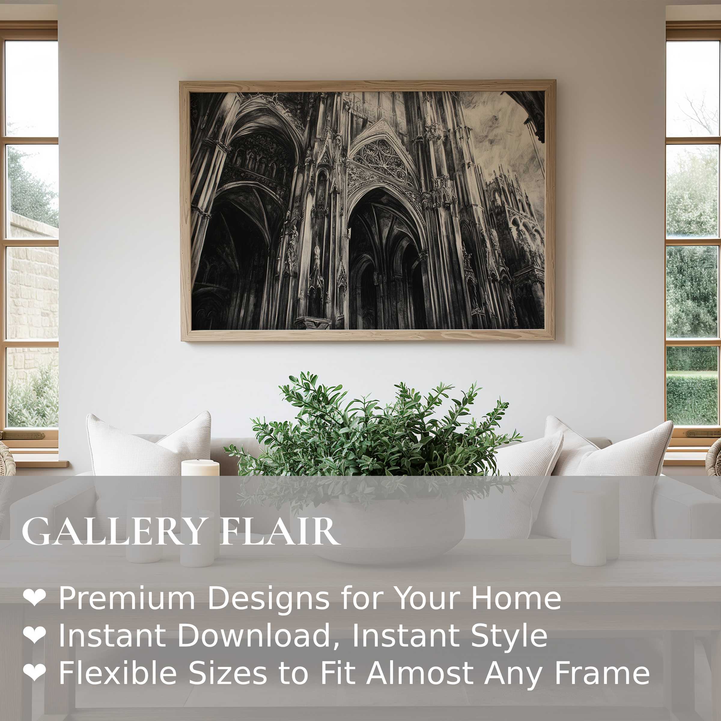 Black and white wall art print capturing intricate gothic architecture, adding bold drama and timeless elegance to minimalist modern interiors