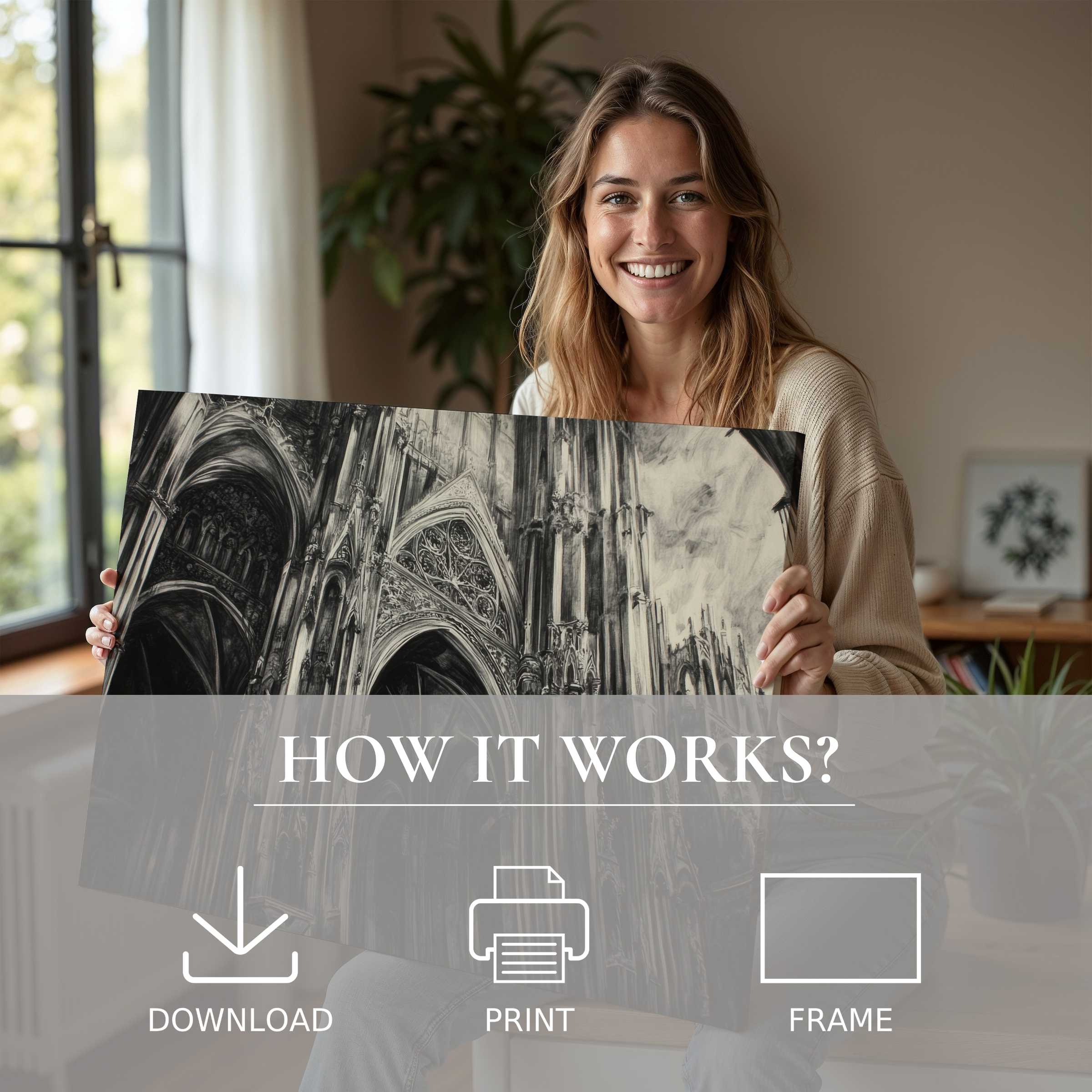 A joyful moment in a modern home where a serene black and white digital art print transforms space with timeless elegance and ease