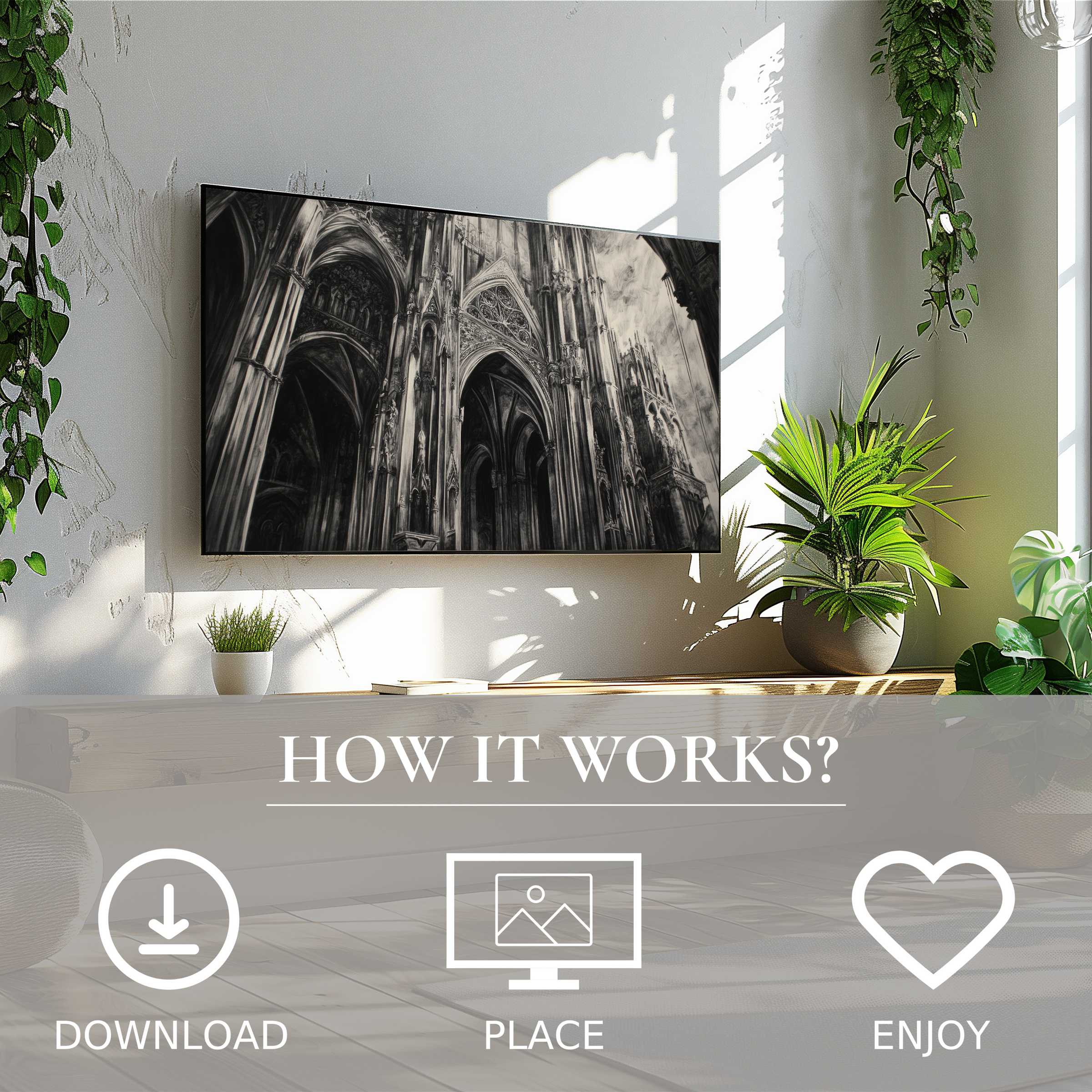 Black and white art for Samsung TV shows gothic arches, easy digital download enriches modern living spaces