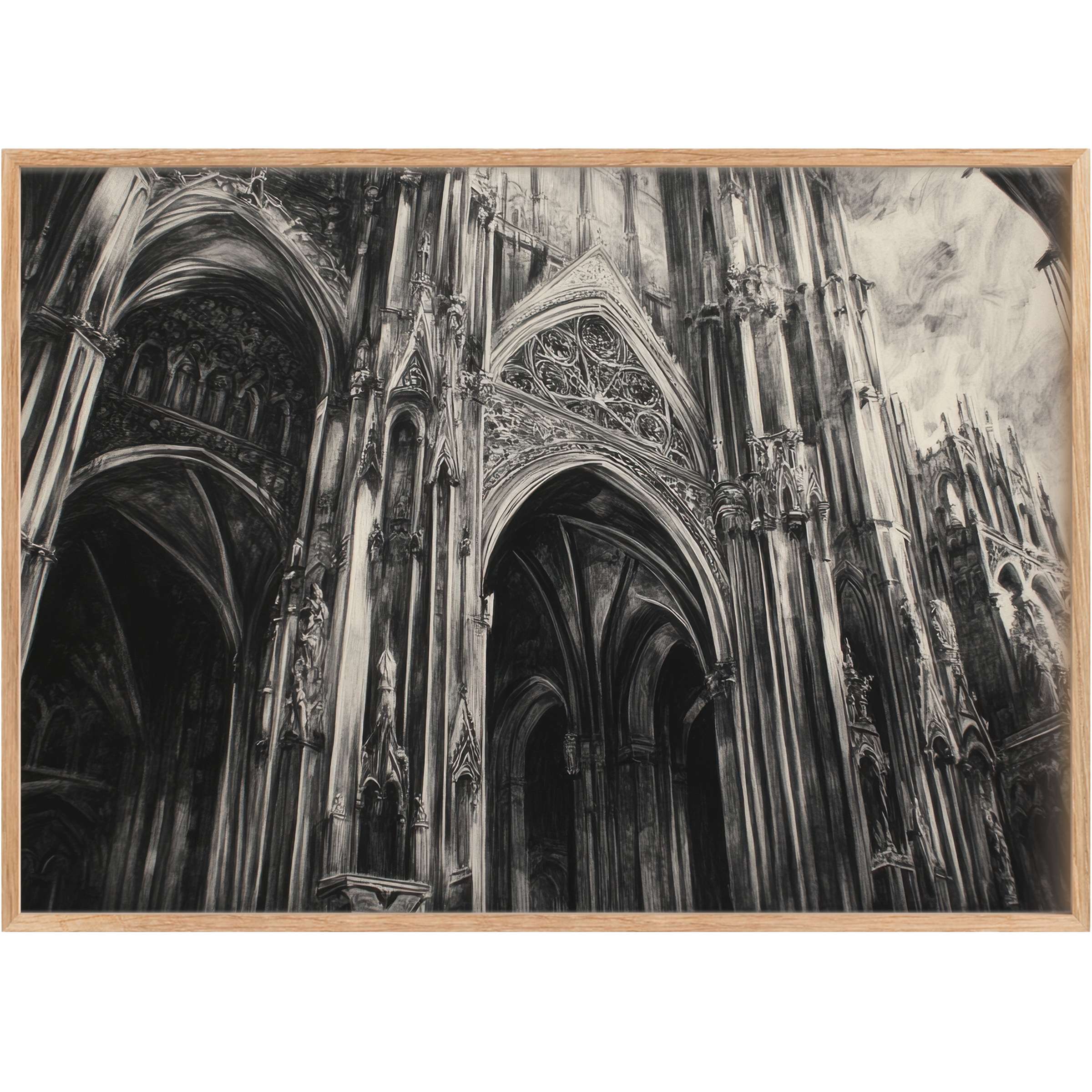 Dramatic black and white printable wall art capturing majestic Gothic arches, evoking a timeless, bold, and sophisticated atmosphere