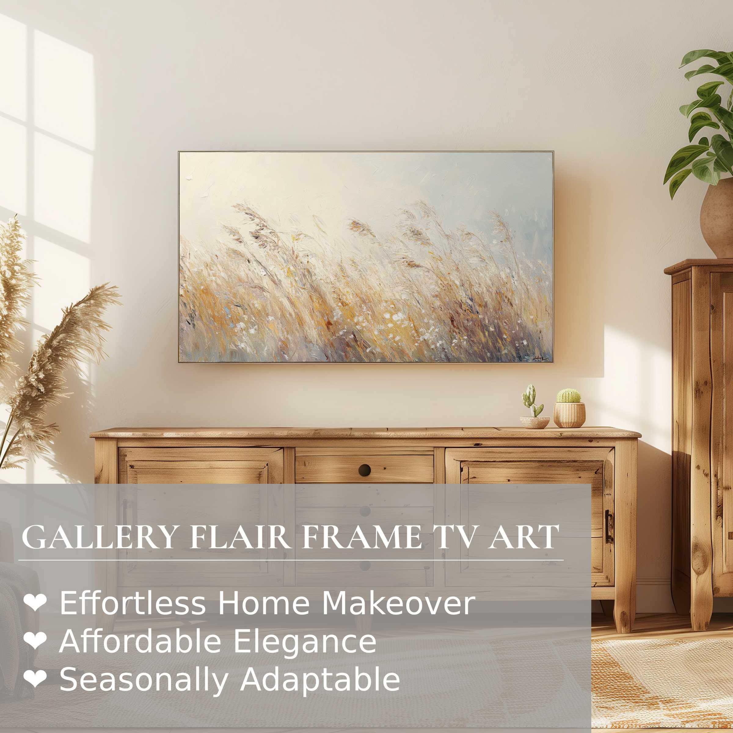 Samsung Frame TV displays serene botanical digital artwork, enhancing modern rustic decor with subtle, elegant charm