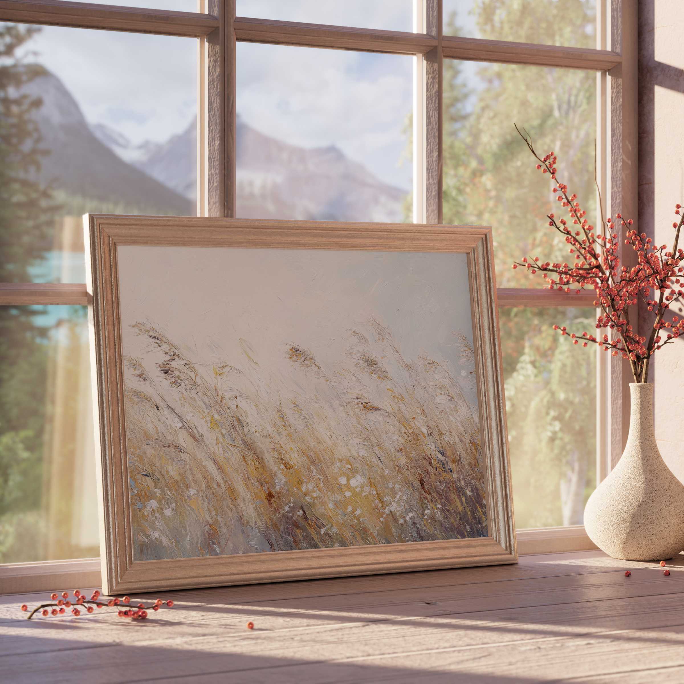 Botanical downloadable art capturing golden meadow grasses in soft light, elevating serene, curated interiors with natural elegance