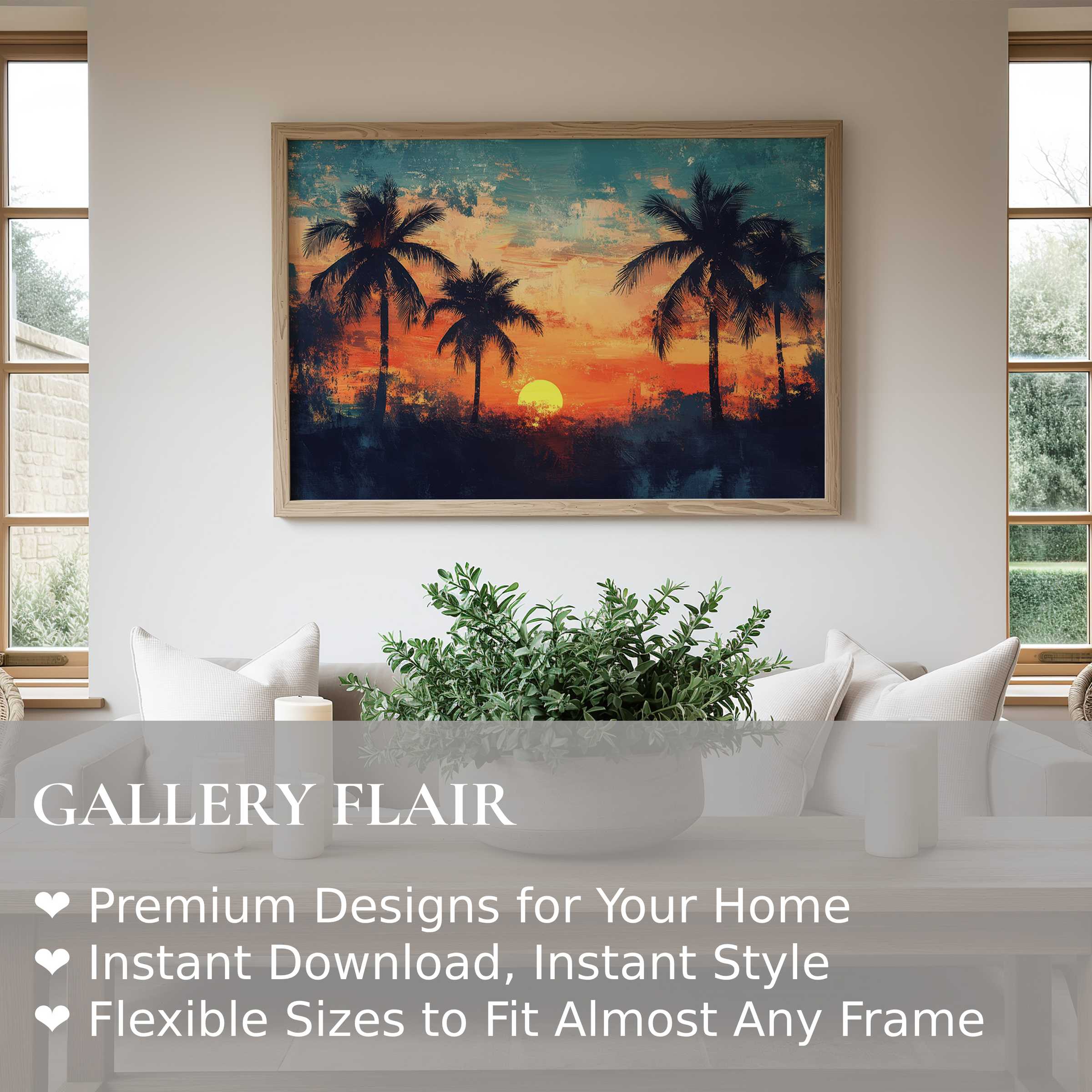 Beach wall art print capturing a radiant sunset with palm silhouettes, adding serene warmth to modern minimalist interiors