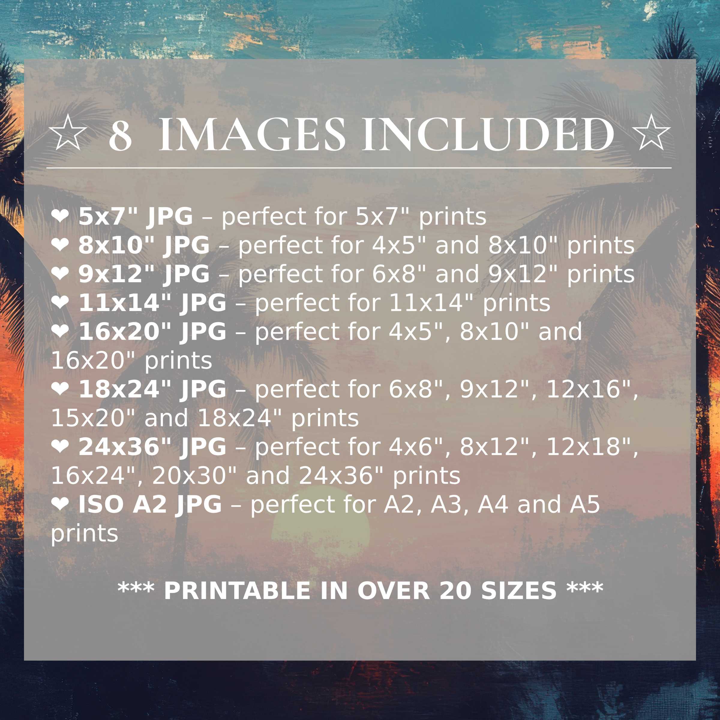 Radiant beach digital print in soothing blues and warm sunset hues, offered in 8 high-quality sizes included with download for versatile modern interiors