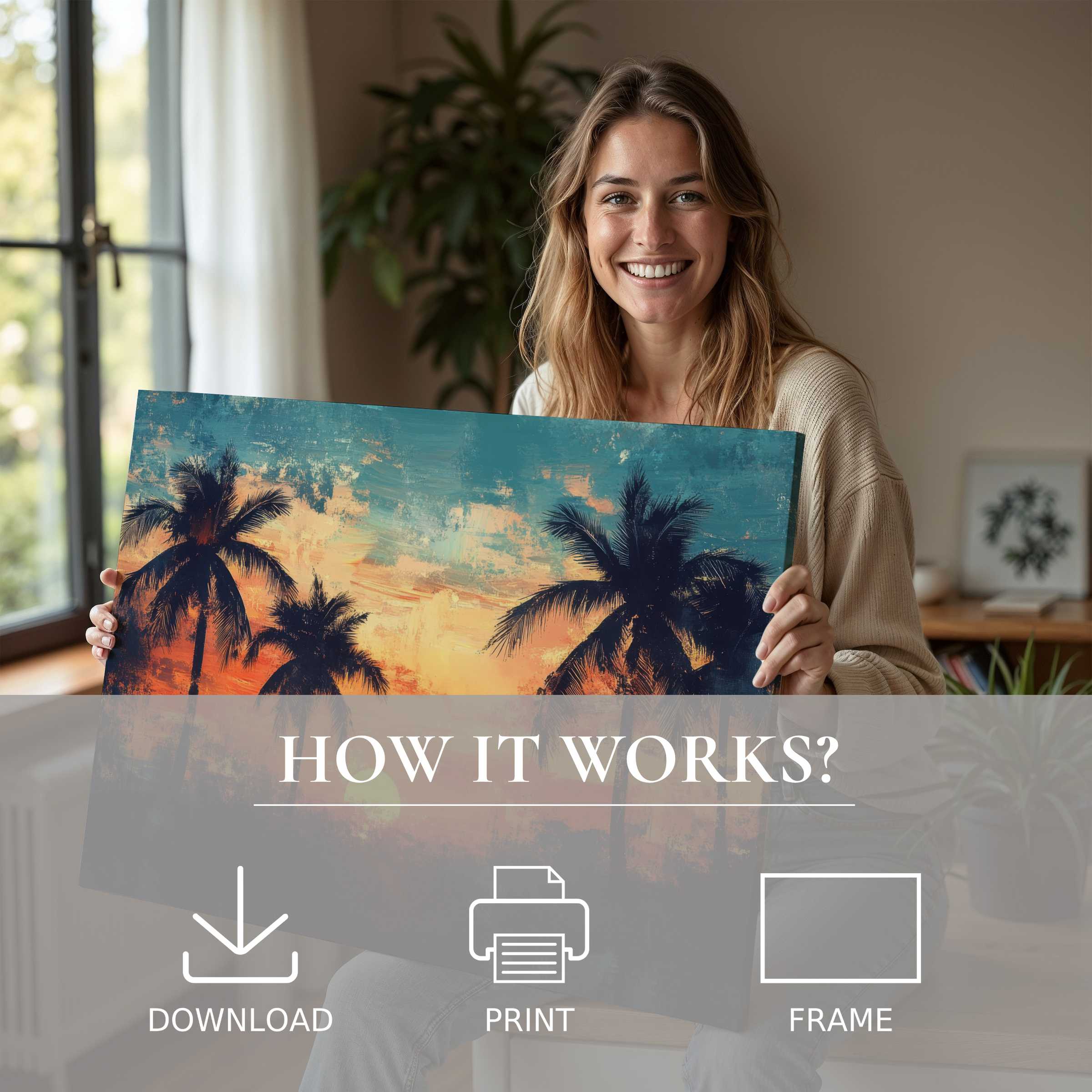 Radiant woman shares a vibrant beach digital art print, infusing her modern space with warmth and effortless elegance