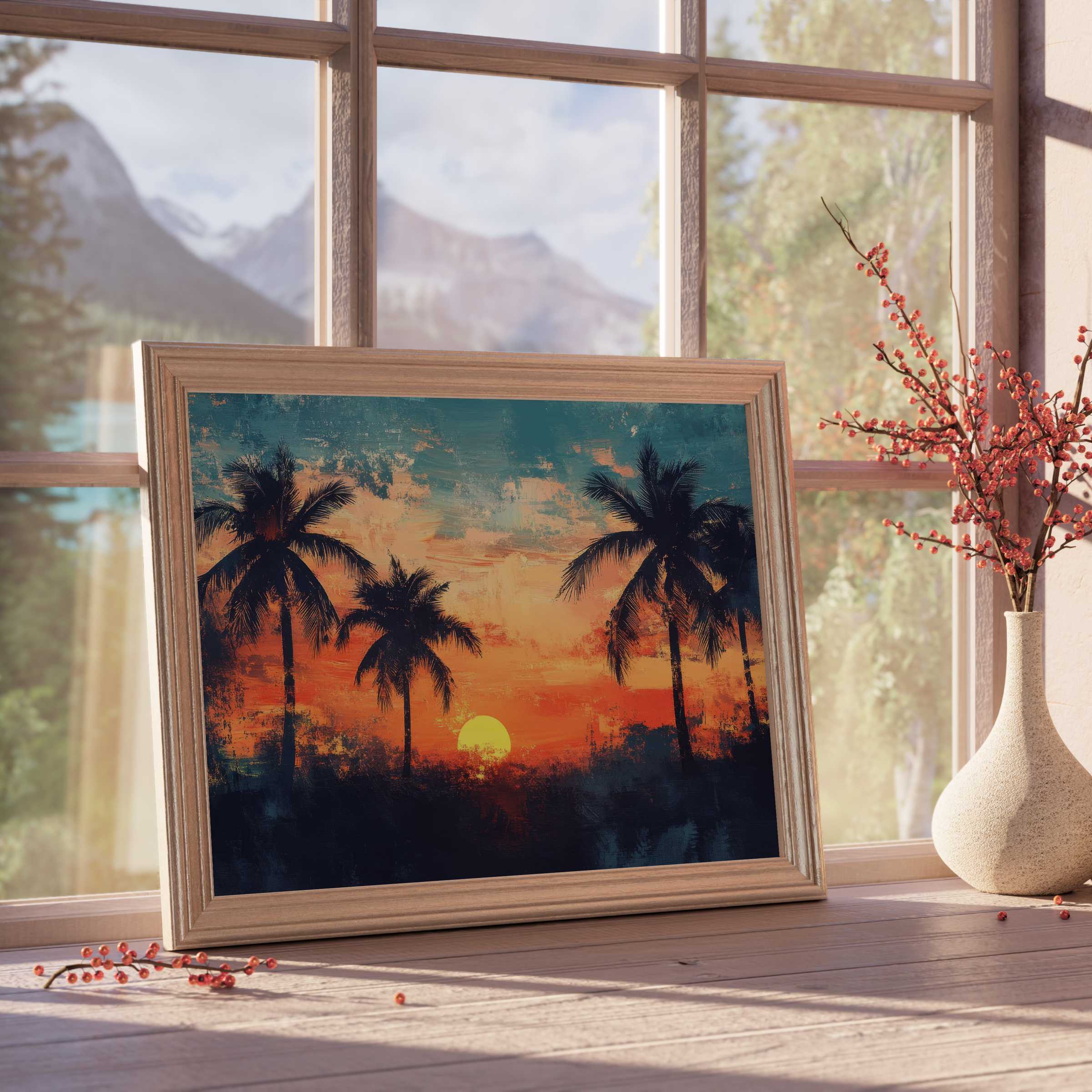 Beach downloadable art capturing a serene sunset with silhouetted palm trees, perfect for tranquil, luxe coastal interiors