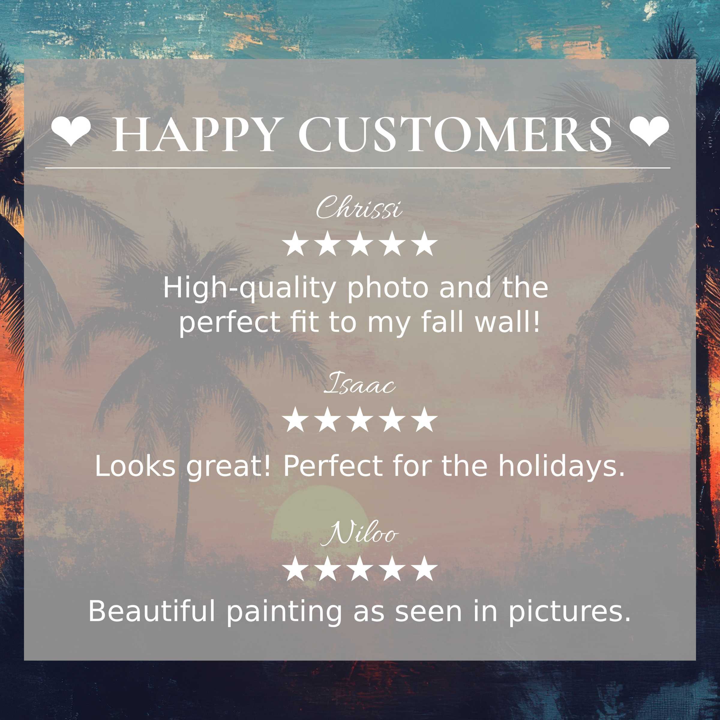 Refined beach art for Frame TV with abstract sunset hues, showcasing happy customer reviews and elegant style trust