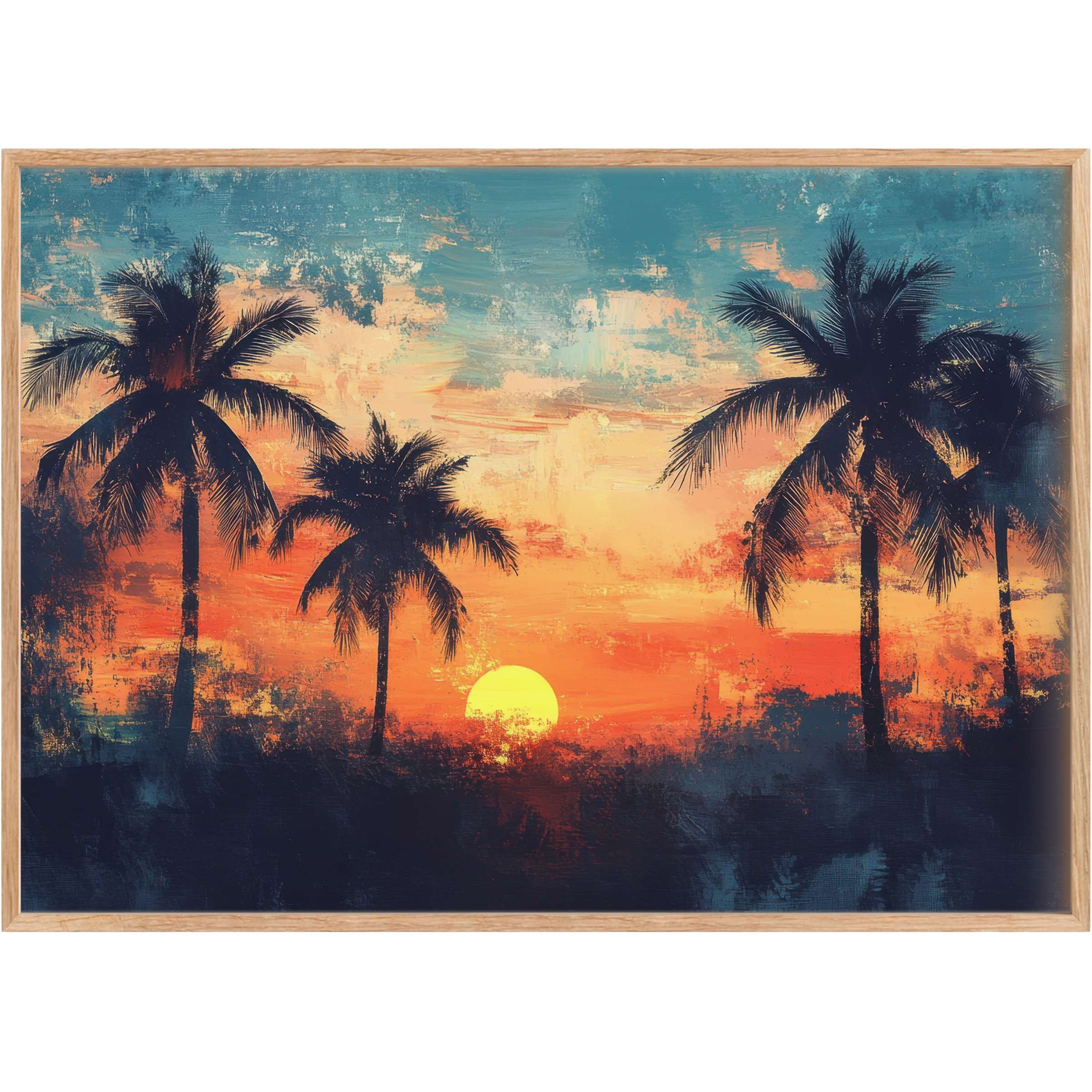 Beach printable wall art capturing a radiant sunset with silhouetted palm trees in warm oranges and calming blues