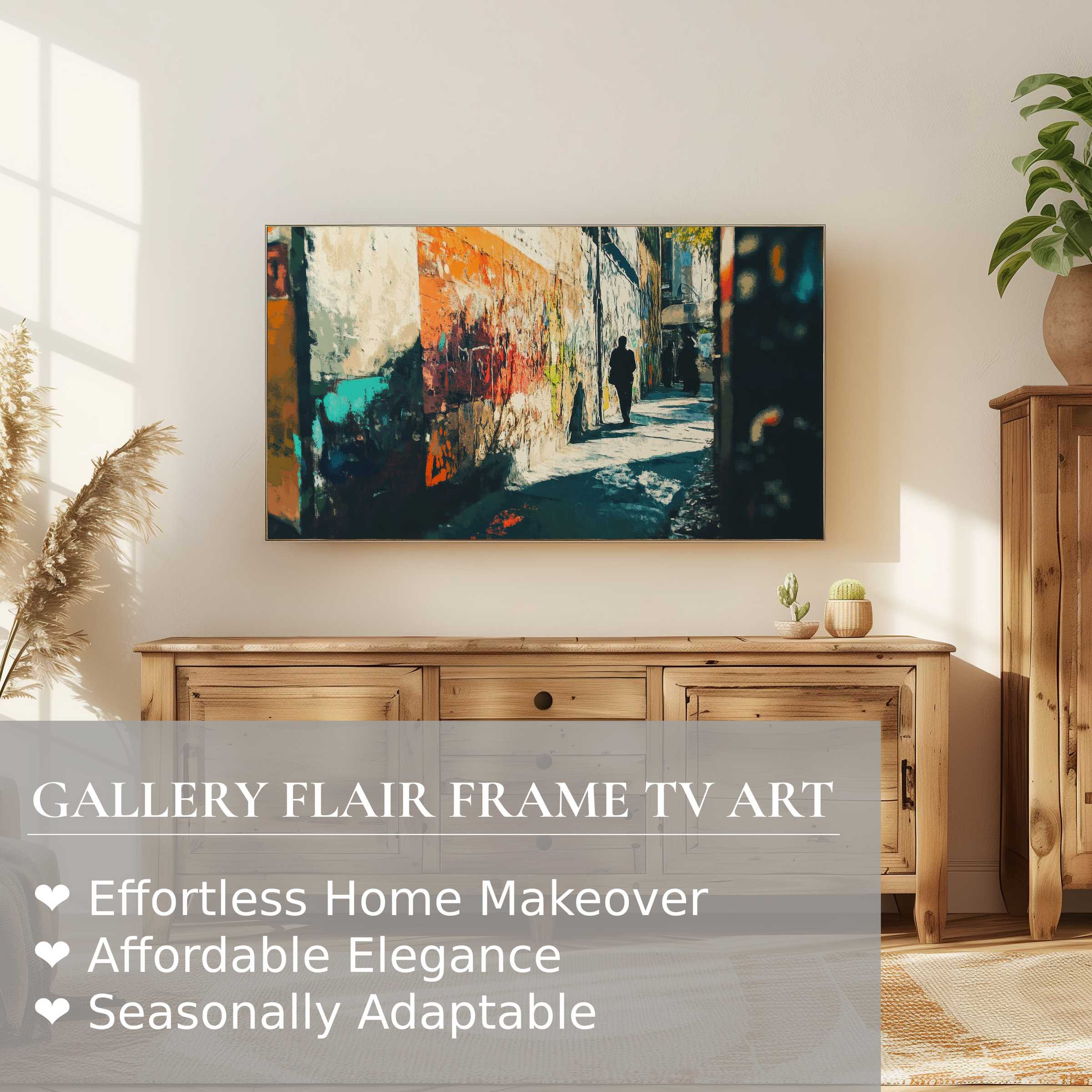 Samsung Frame TV displaying urban digital artwork in a sunlit room with natural wood accents and modern elegance