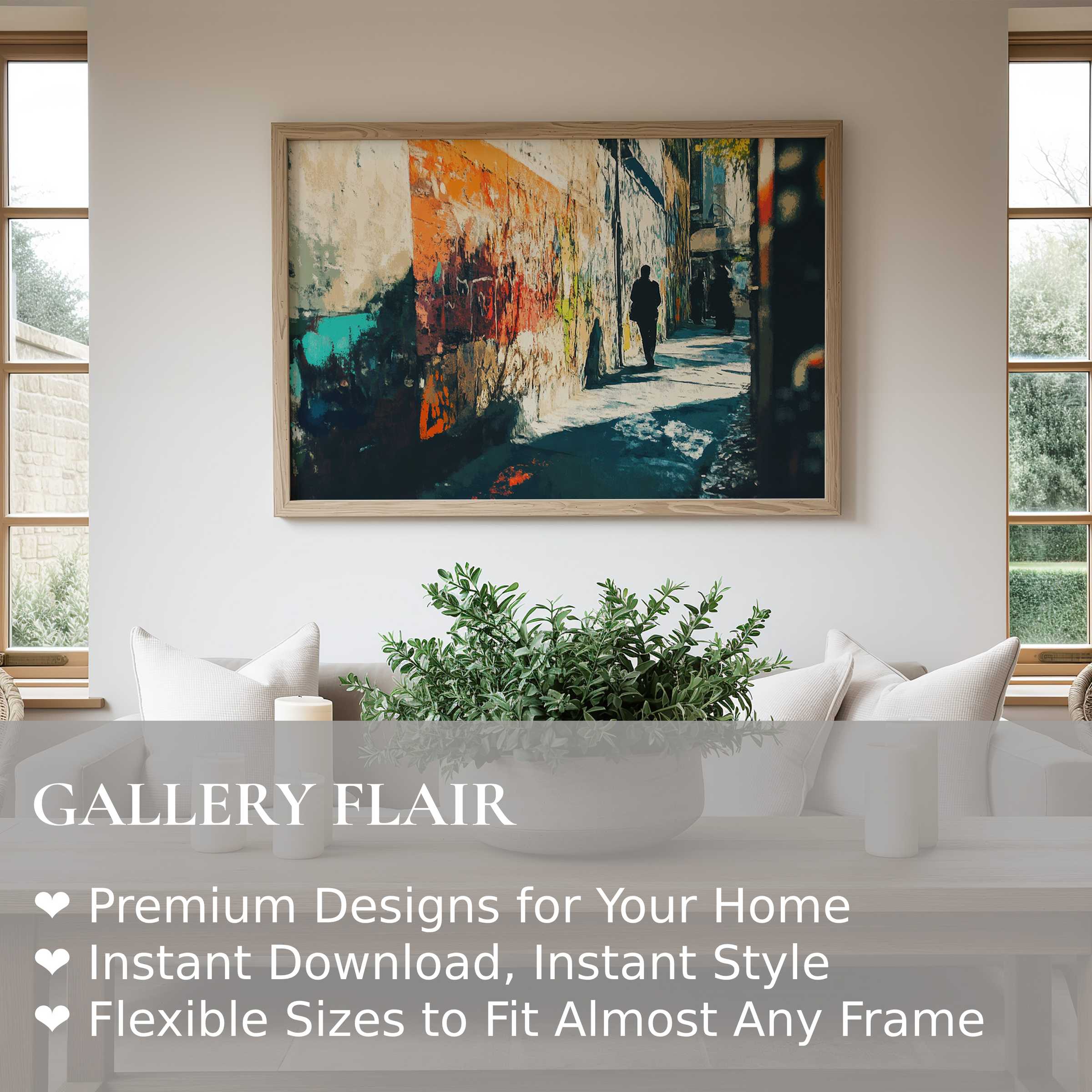 Urban art wall art print featuring a bold, textured alleyway scene that energizes minimalist, modern interiors with vibrant city-inspired style