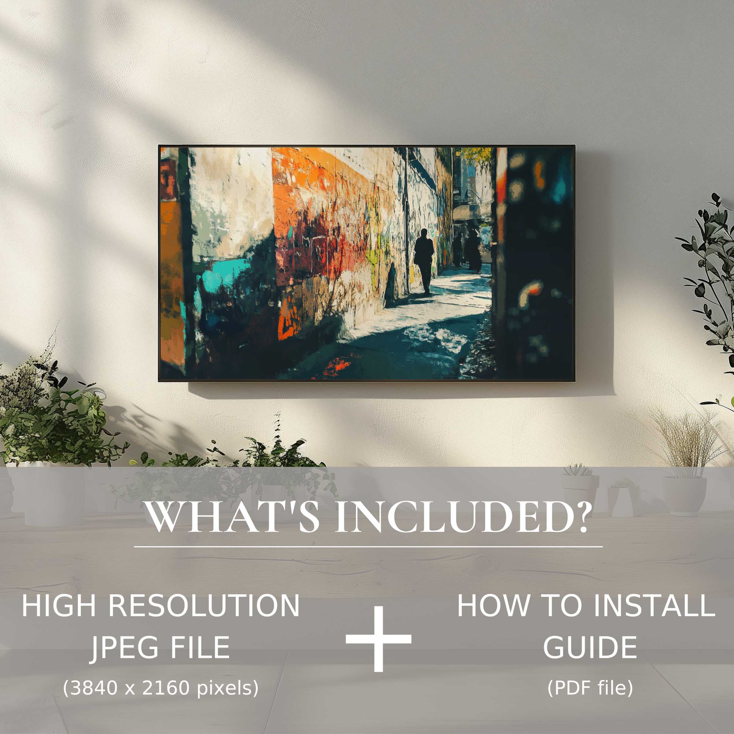 Urban digital TV art download showcases vibrant cityscape, effortlessly enhancing your modern living space with sleek digital ease