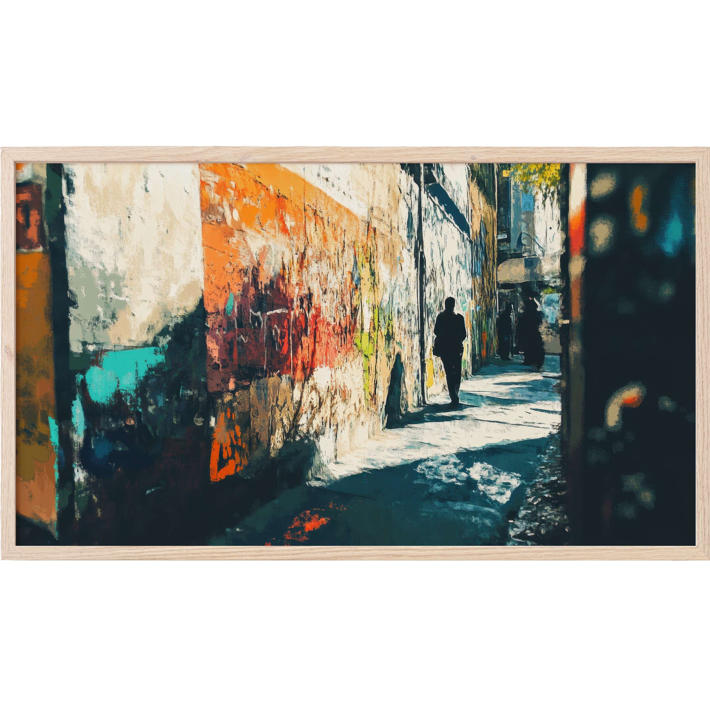 Urban alleyway with vibrant graffiti and silhouette figures in bold, rich hues - urban Frame TV Art for sleek interiors