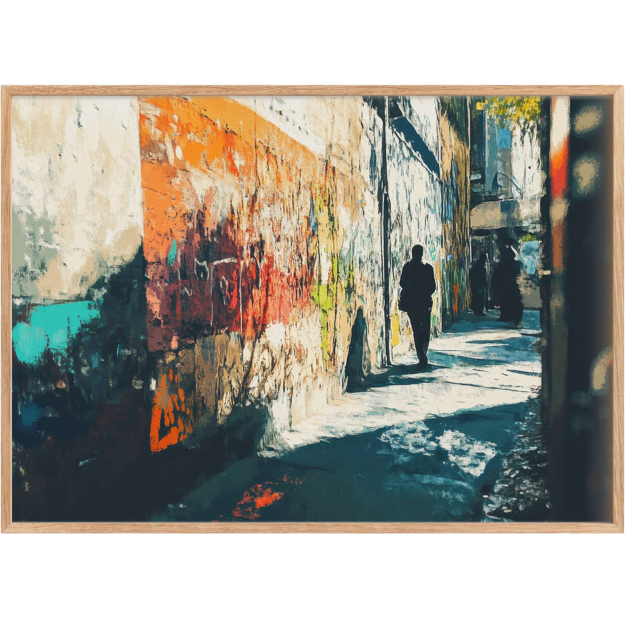 Urban printable wall art capturing a shadowed alley bathed in warm orange and cool teal, evoking a contemplative, dynamic mood