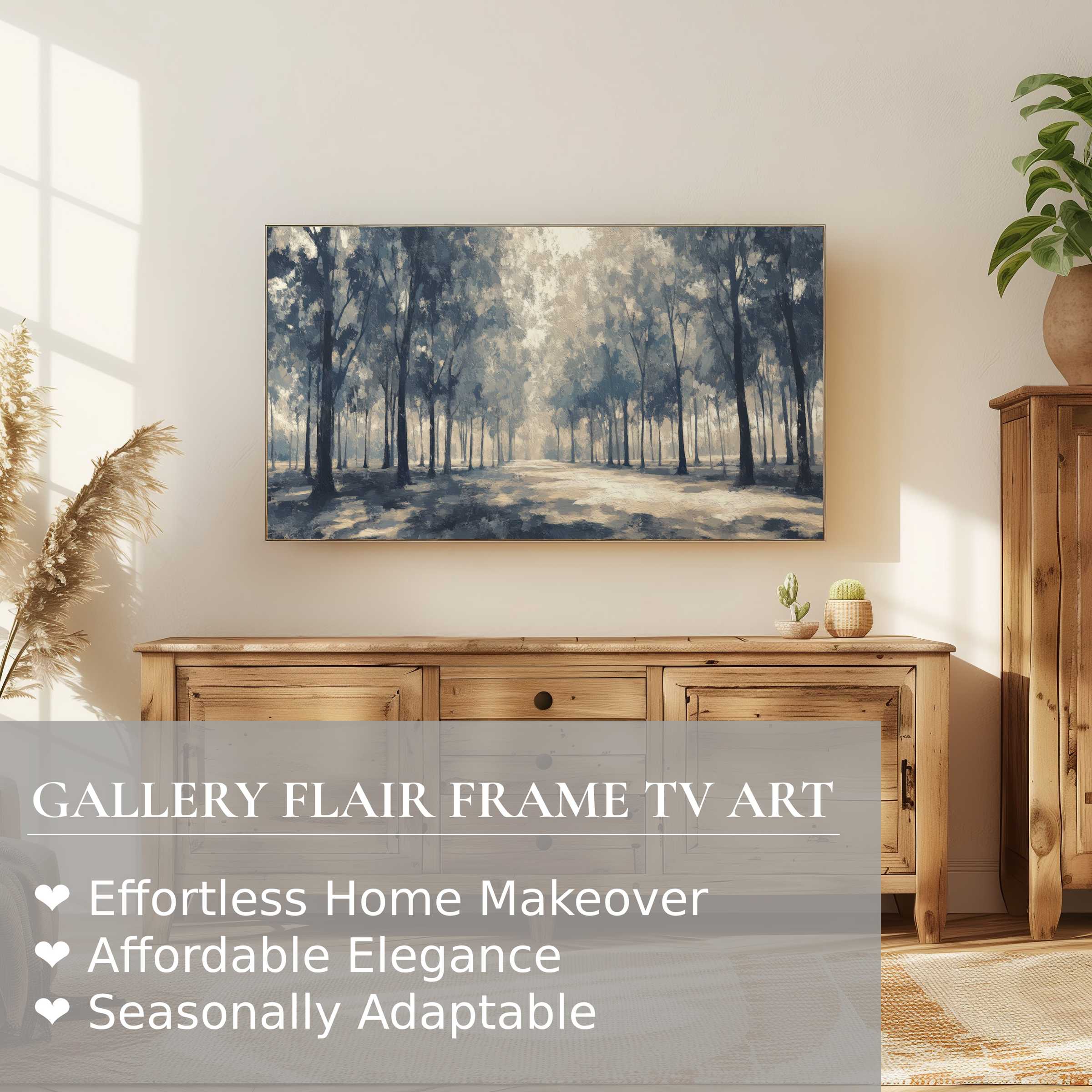 Elegant tree digital artwork displayed on Samsung Frame TV in a warm, modern living room with natural wood accents