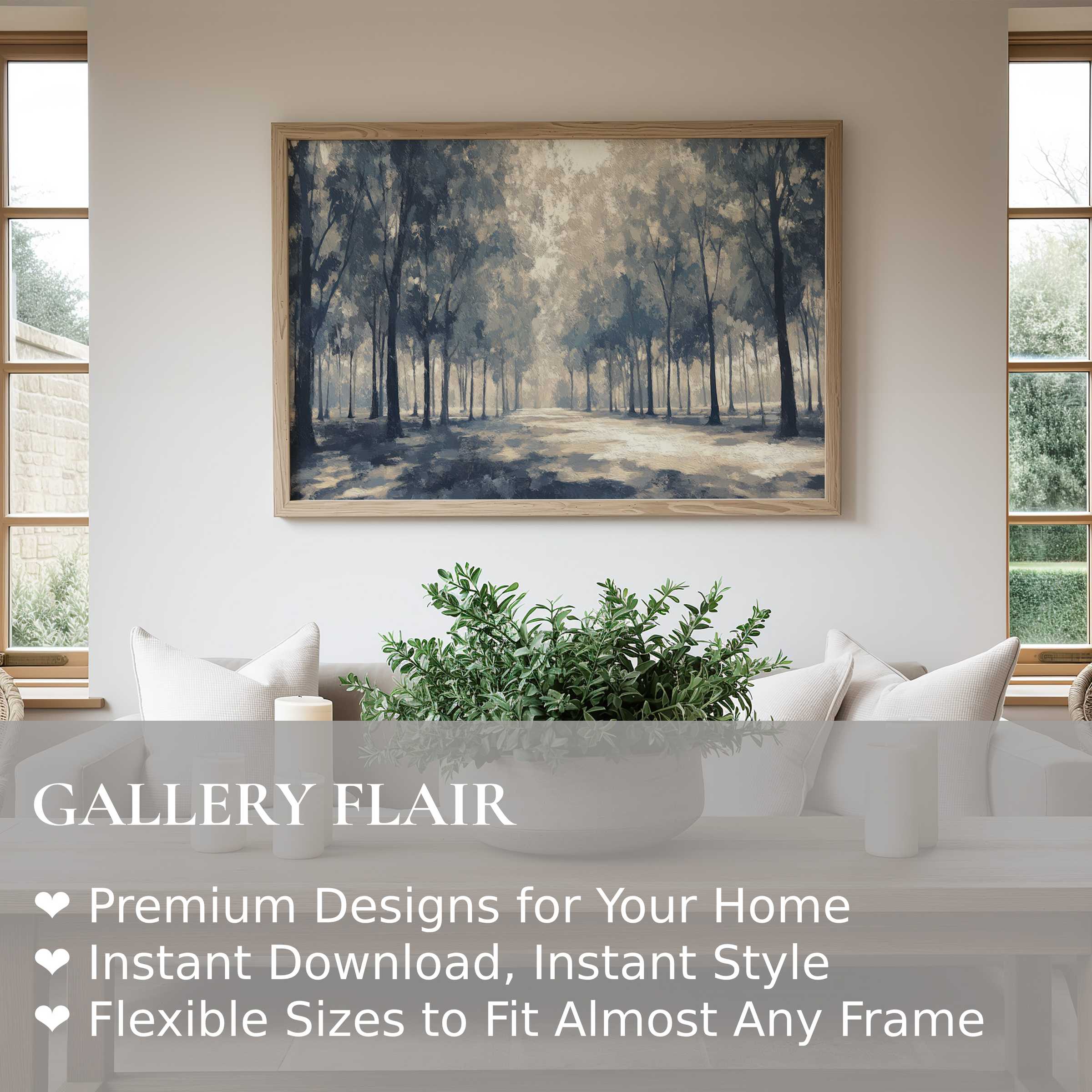 Tree wall art print showcasing a serene forest path in muted blues and grays, enhancing modern minimalist interiors with calming, natural elegance