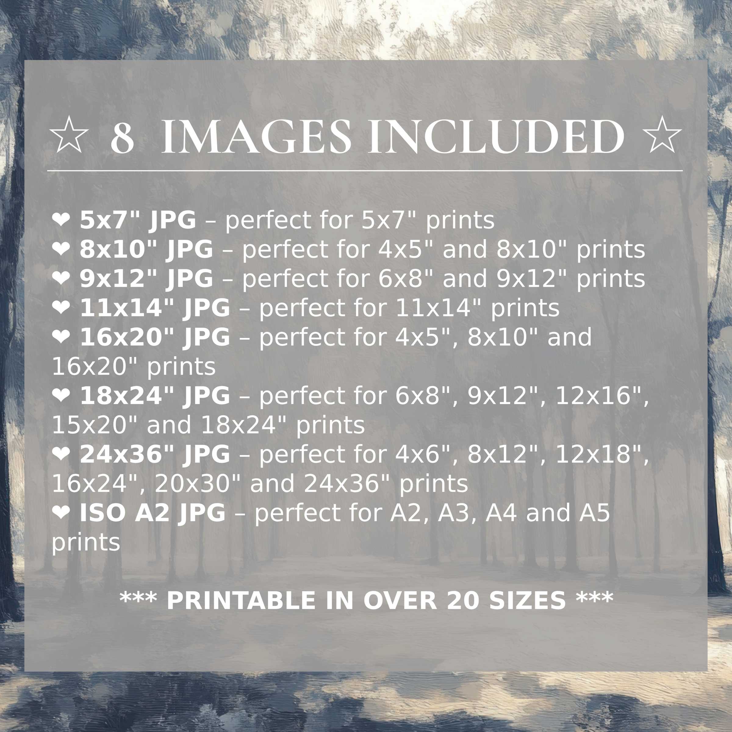 Print size guide showing 8 included JPG formats for versatile wall art printing – perfect for framing in popular sizes from 5x7 to 24x36 and A2