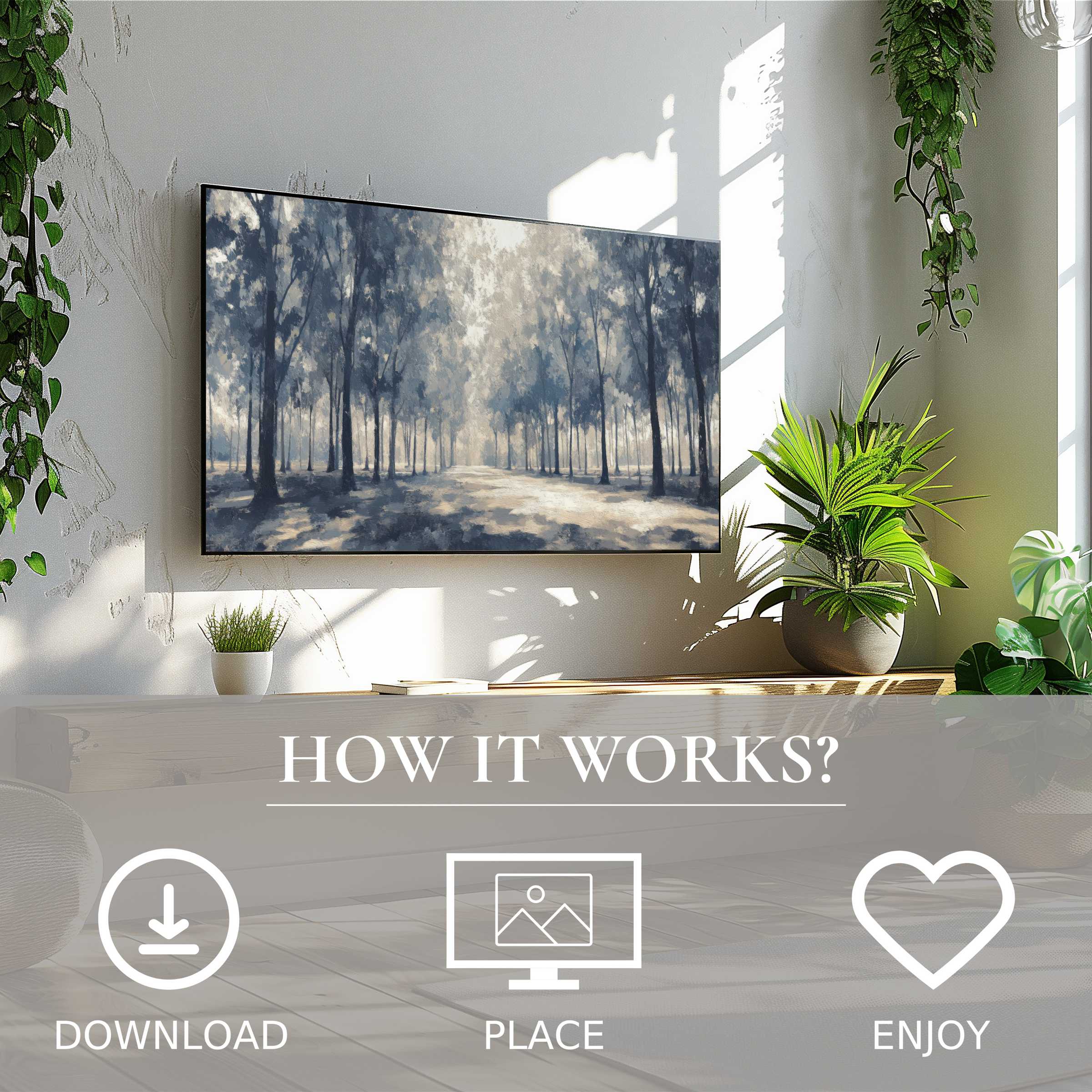 Tree art for Samsung TV with serene blue-gray forest motif, easy digital download enriches modern living spaces
