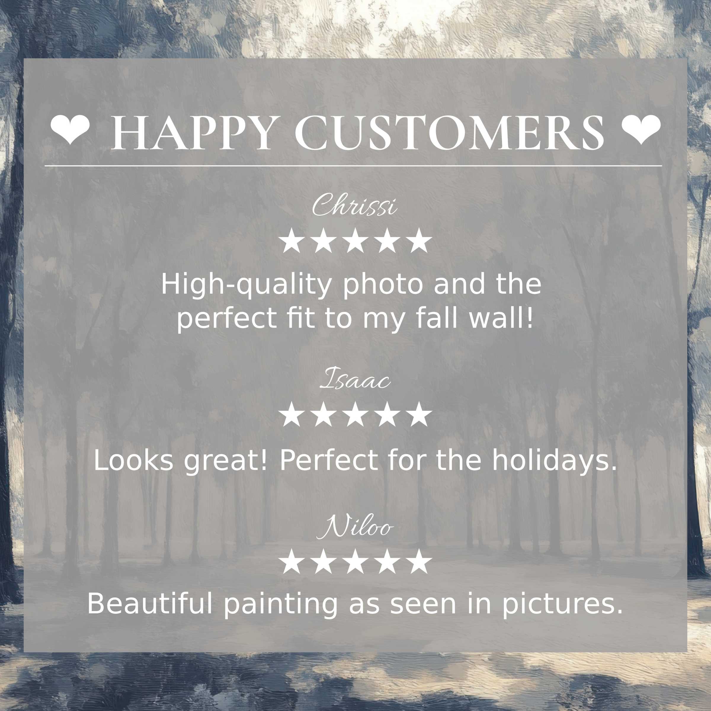 Elegant trees art for Frame TV with abstract muted tones, showcasing happy customer reviews that inspire trust and style