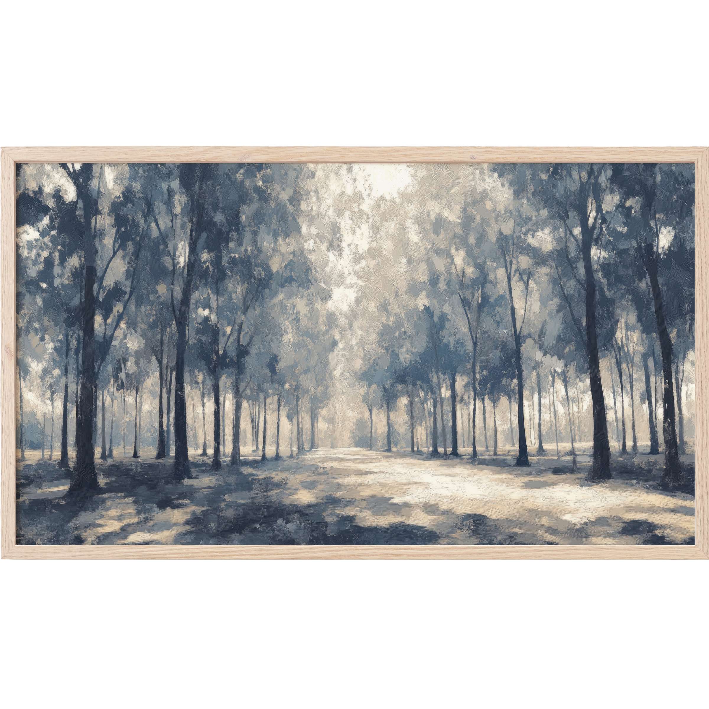 Serene forest path in muted blues and grays with soft light, a sophisticated tree Frame TV Art for modern interiors