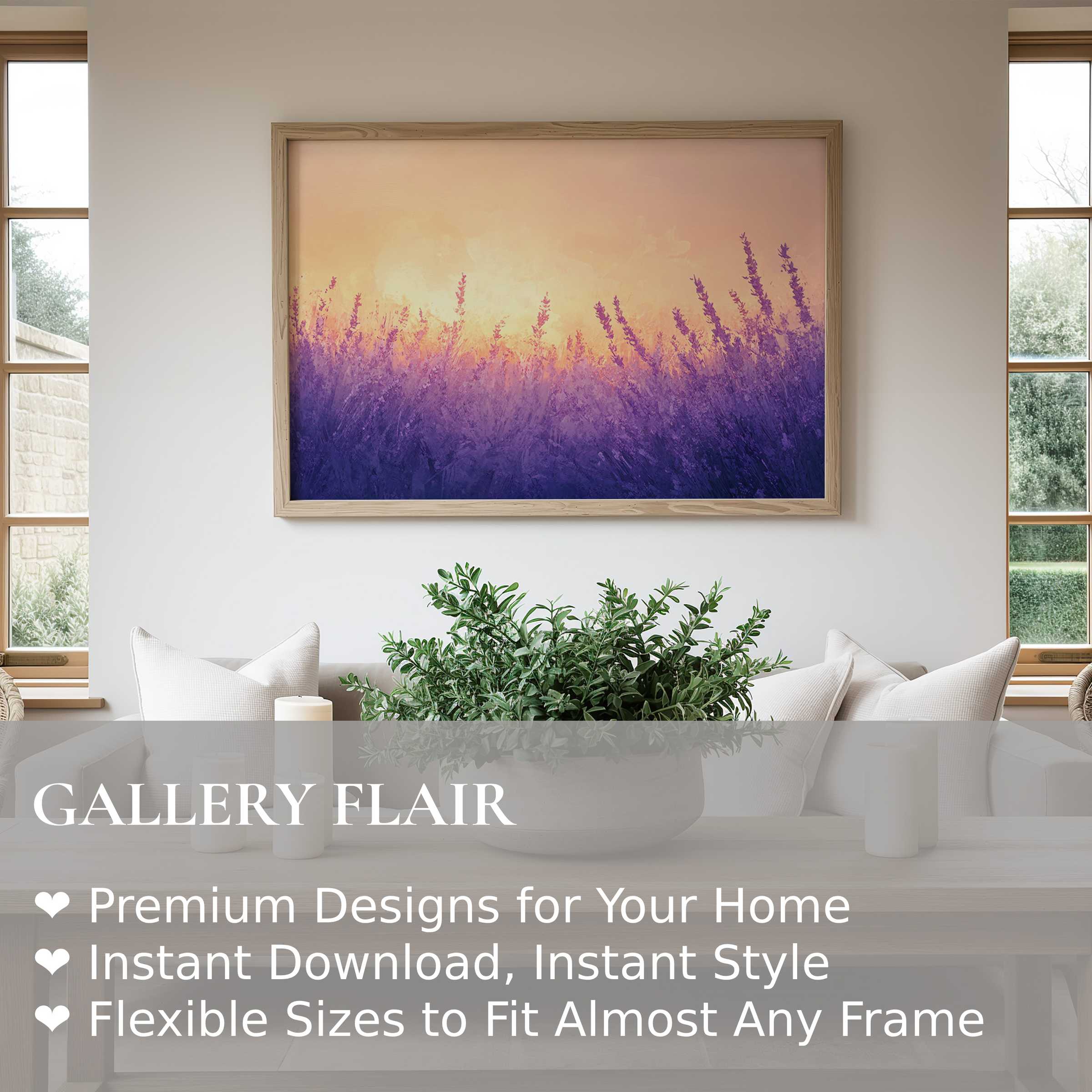 Summer wall art print featuring radiant lavender fields at sunset, bringing serene, modern elegance to minimalist interiors and calming living spaces