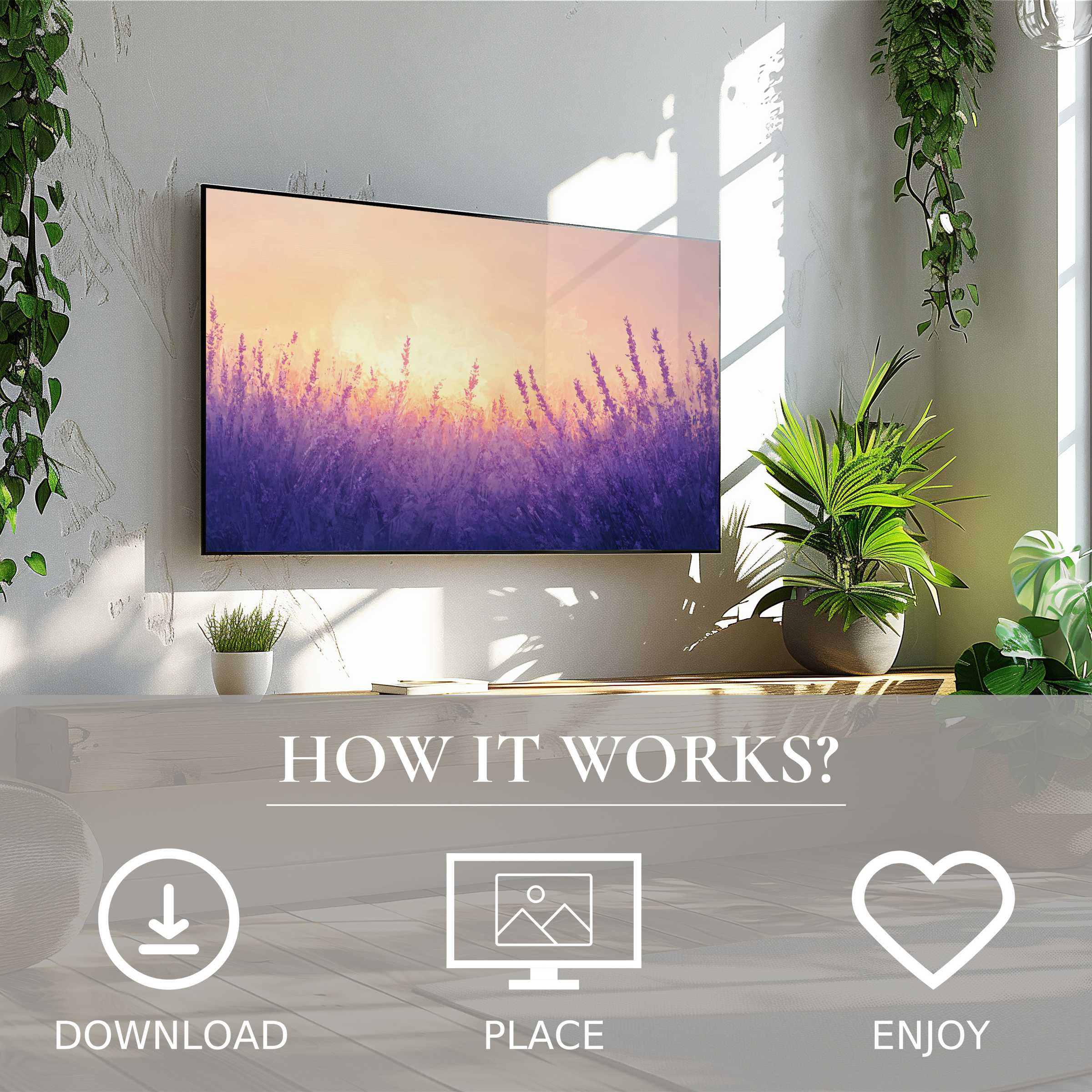 Summer art for Samsung TV in a bright living room with soft sunset tones, easy digital download, enriching space