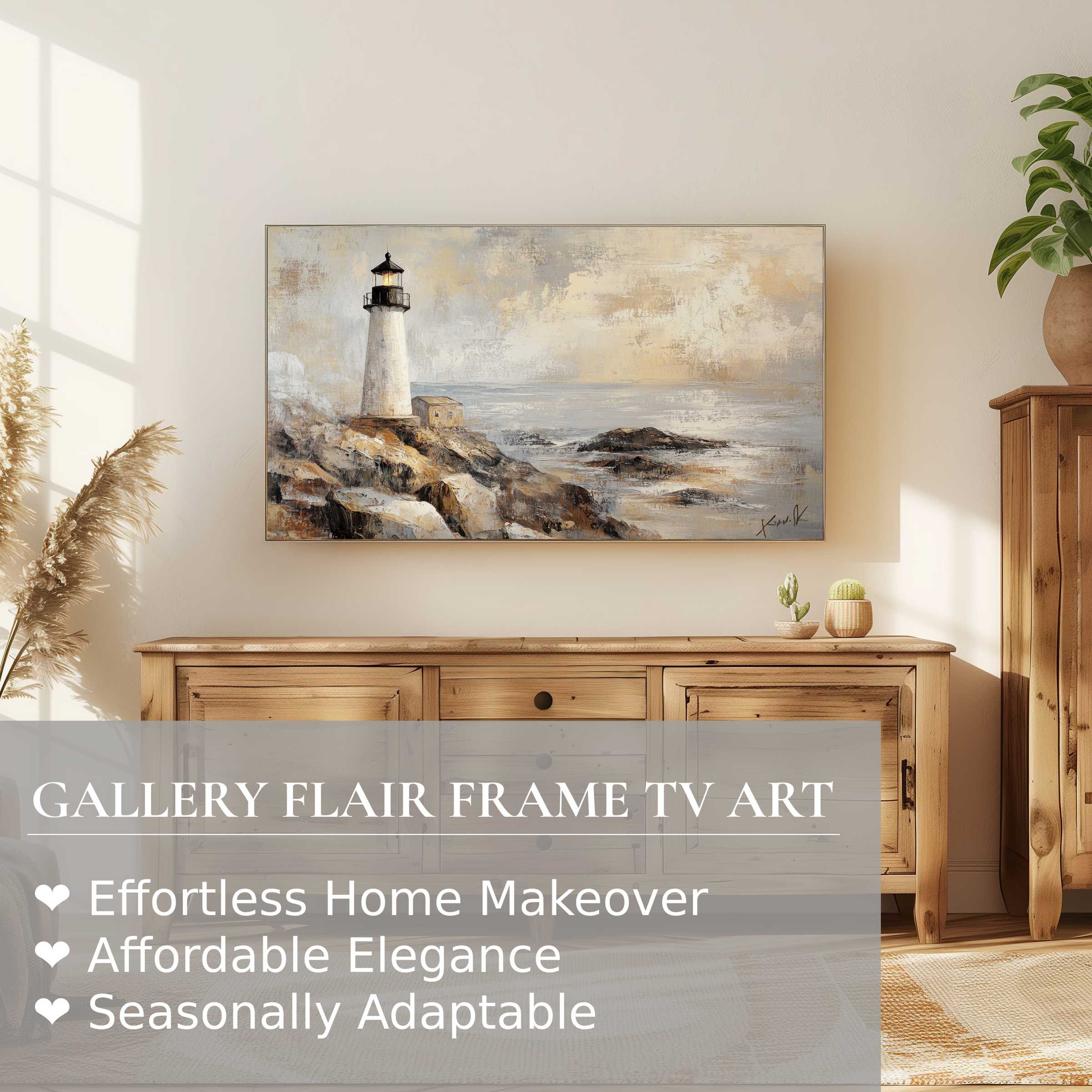 Samsung Frame TV showcasing coastal digital artwork of a serene lighthouse in muted, elegant tones