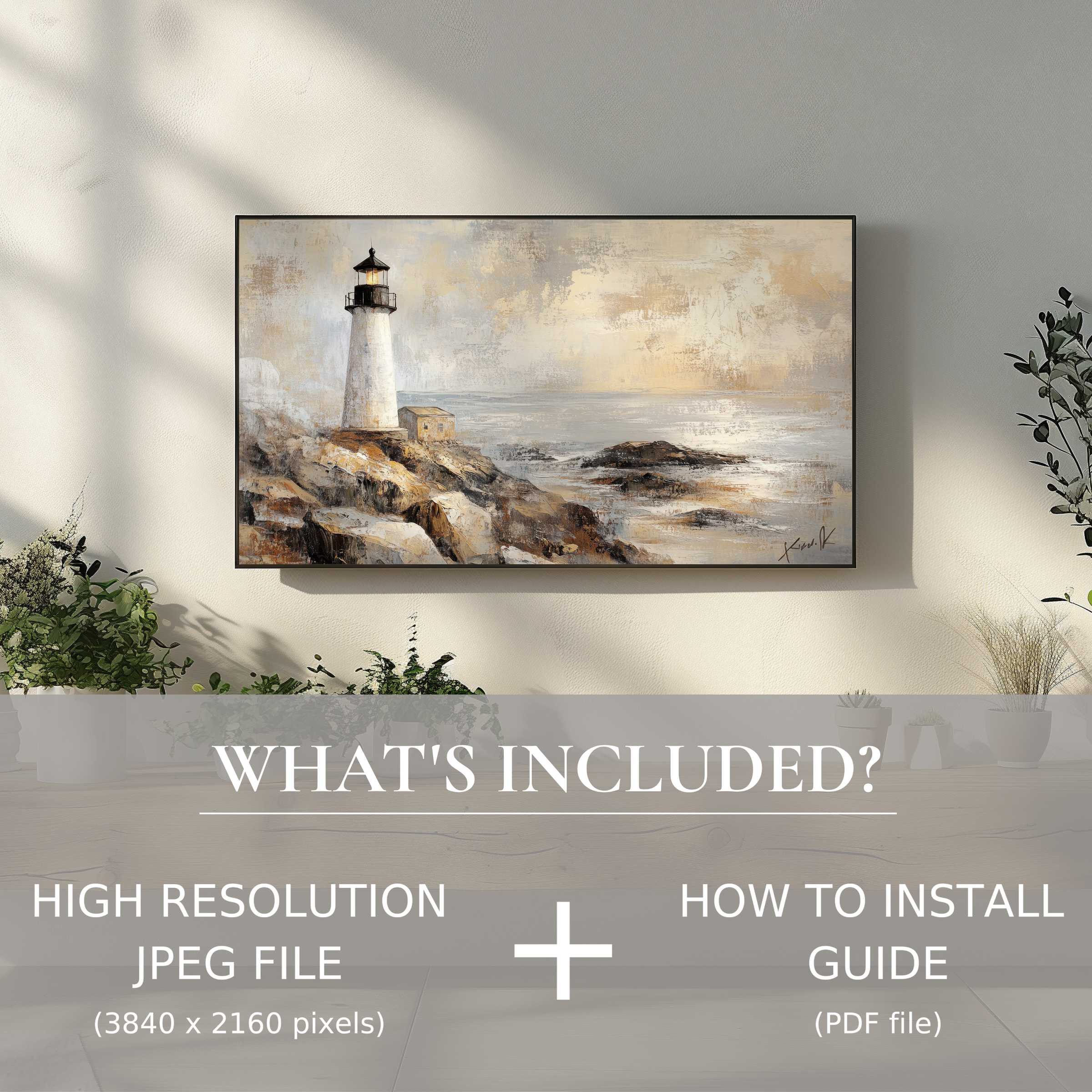 Elegant coastal digital TV art download enhances your modern living space with easy, stylish digital use and serene lighthouse imagery